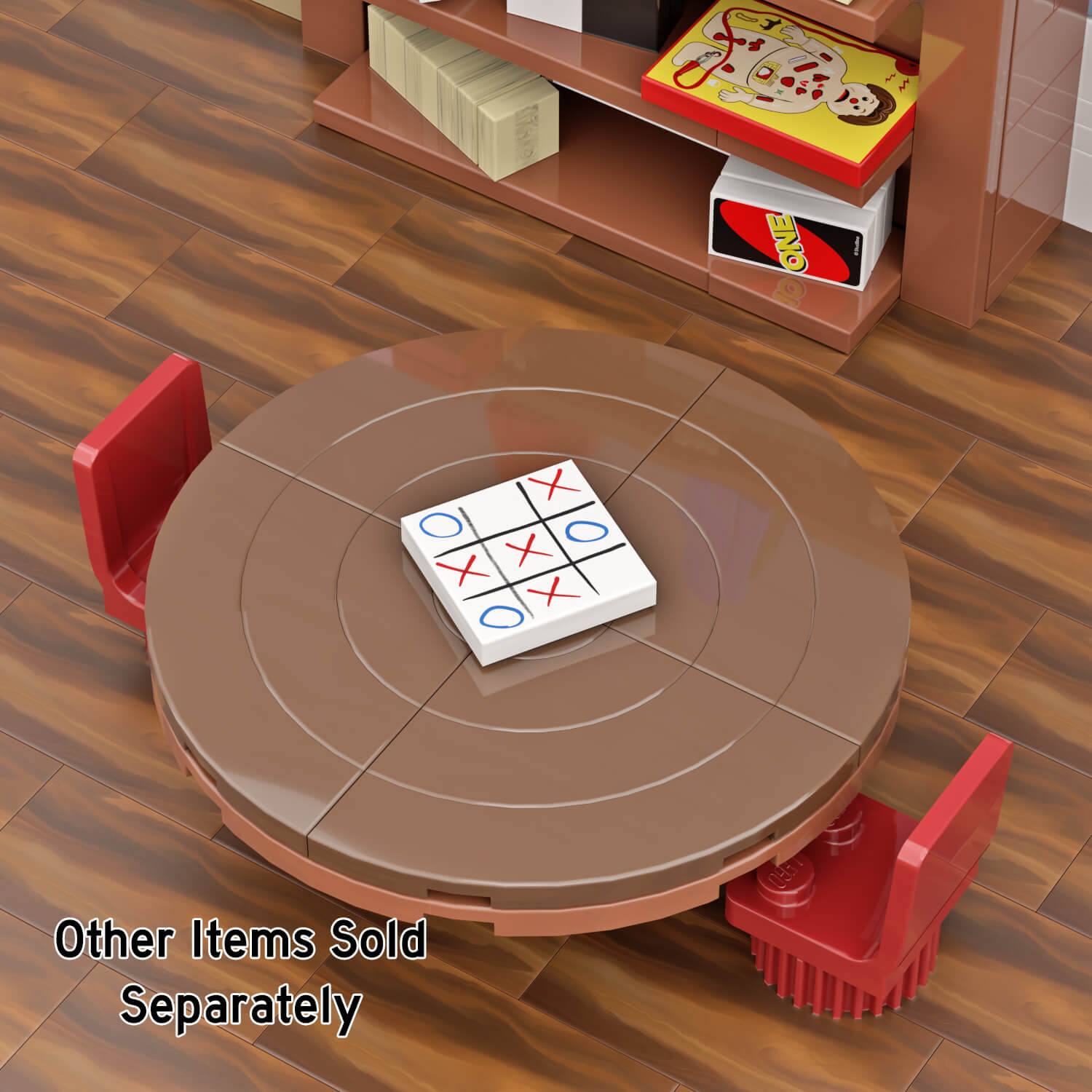 Tic tac toe game on a white sheet printed on a LEGO tile sitting on a round brown table with a brown floor.