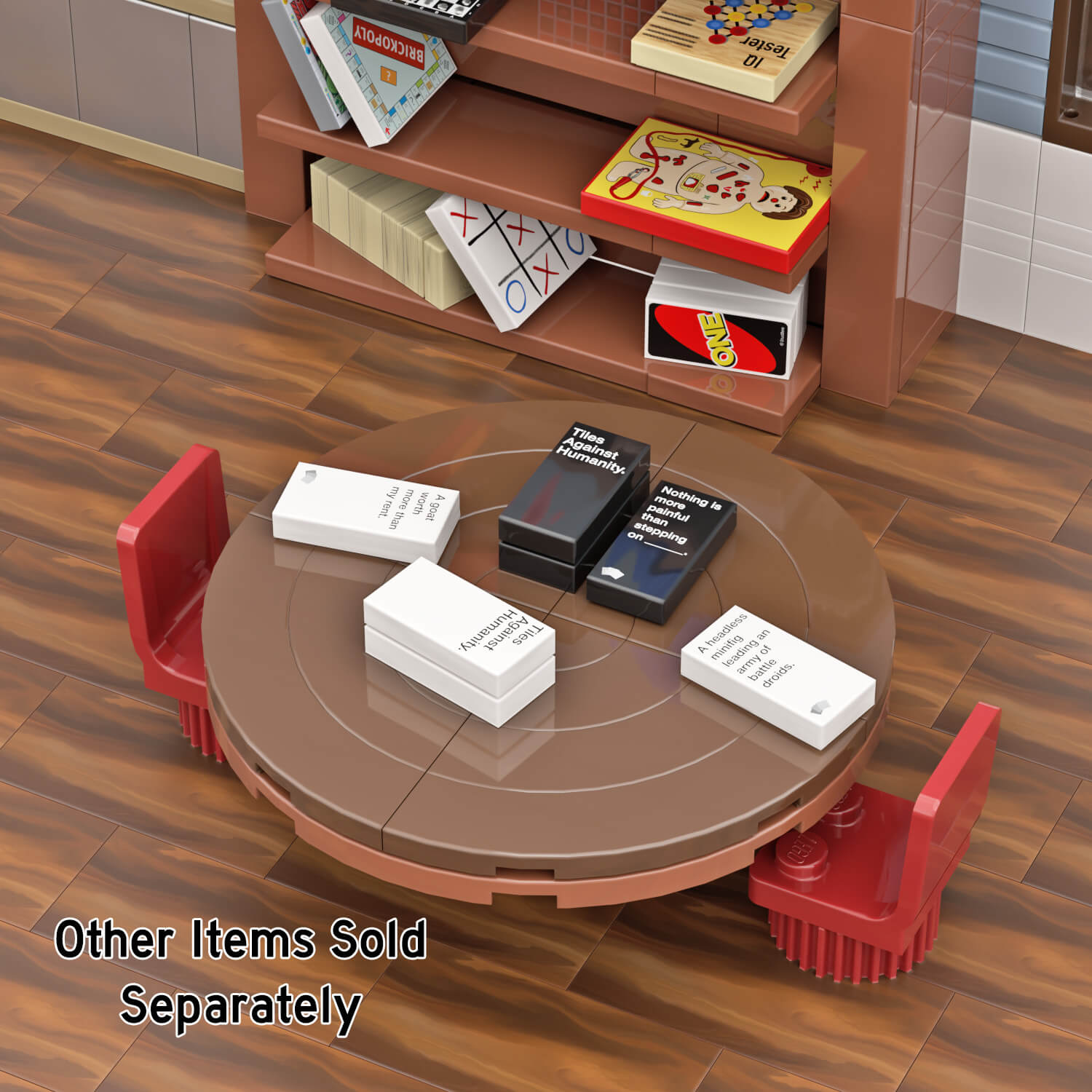LEGO built tiles against humanity card game on a brown round table with other games in the background in a LEGO dinning room setting 