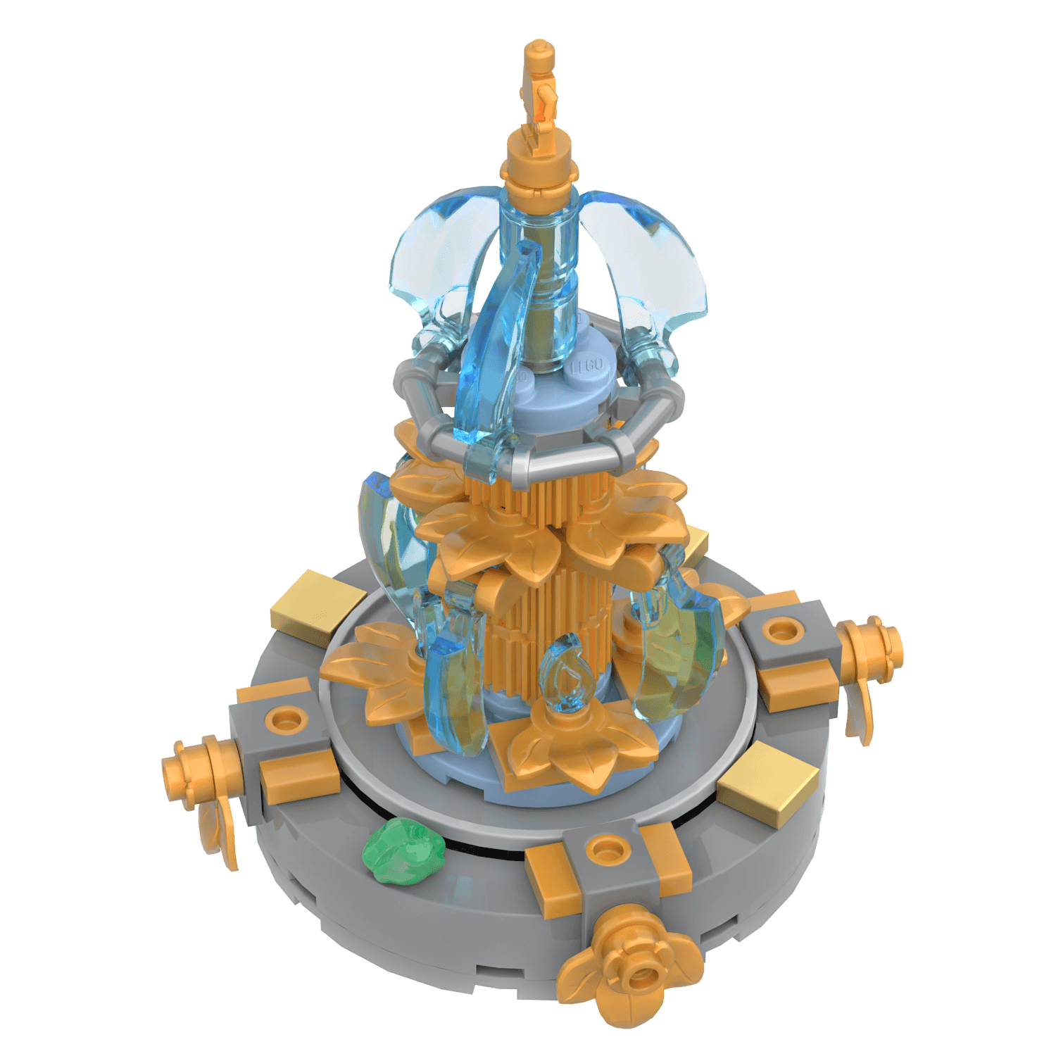 Top Down view of a custom building kit of LEGO of a park fountain with multiple level water falls gold statues and a frog on a grey base on a white background