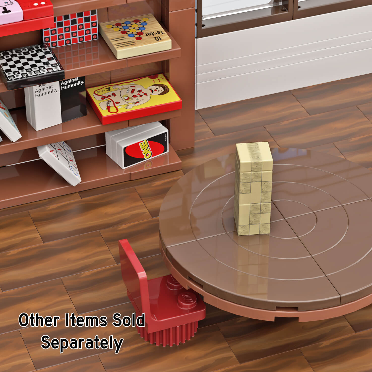 Topple Tower game made using LEGO on a brown round table with other games in the background in a LEGO dinning room setting