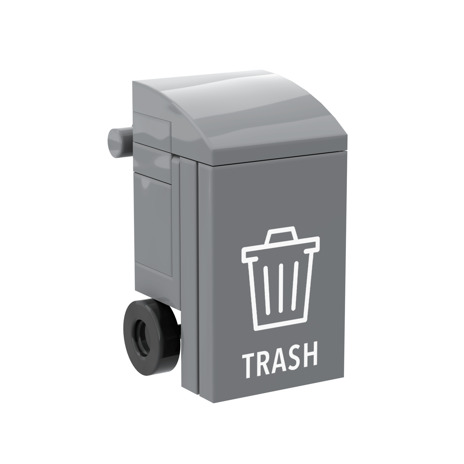 Gray lego built trash bin with a white trash icon on a transparent background