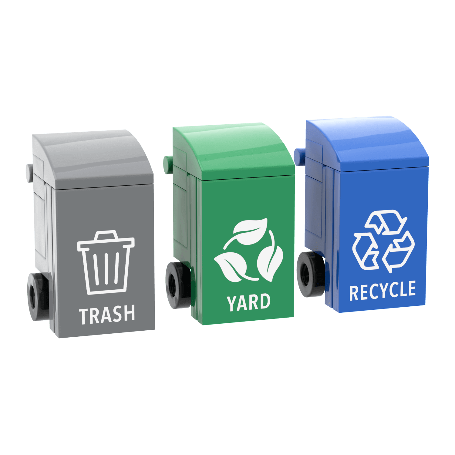 Three minifig scale trash bins labeled 'Trash', 'Yard', and 'Recycle' on a black background.