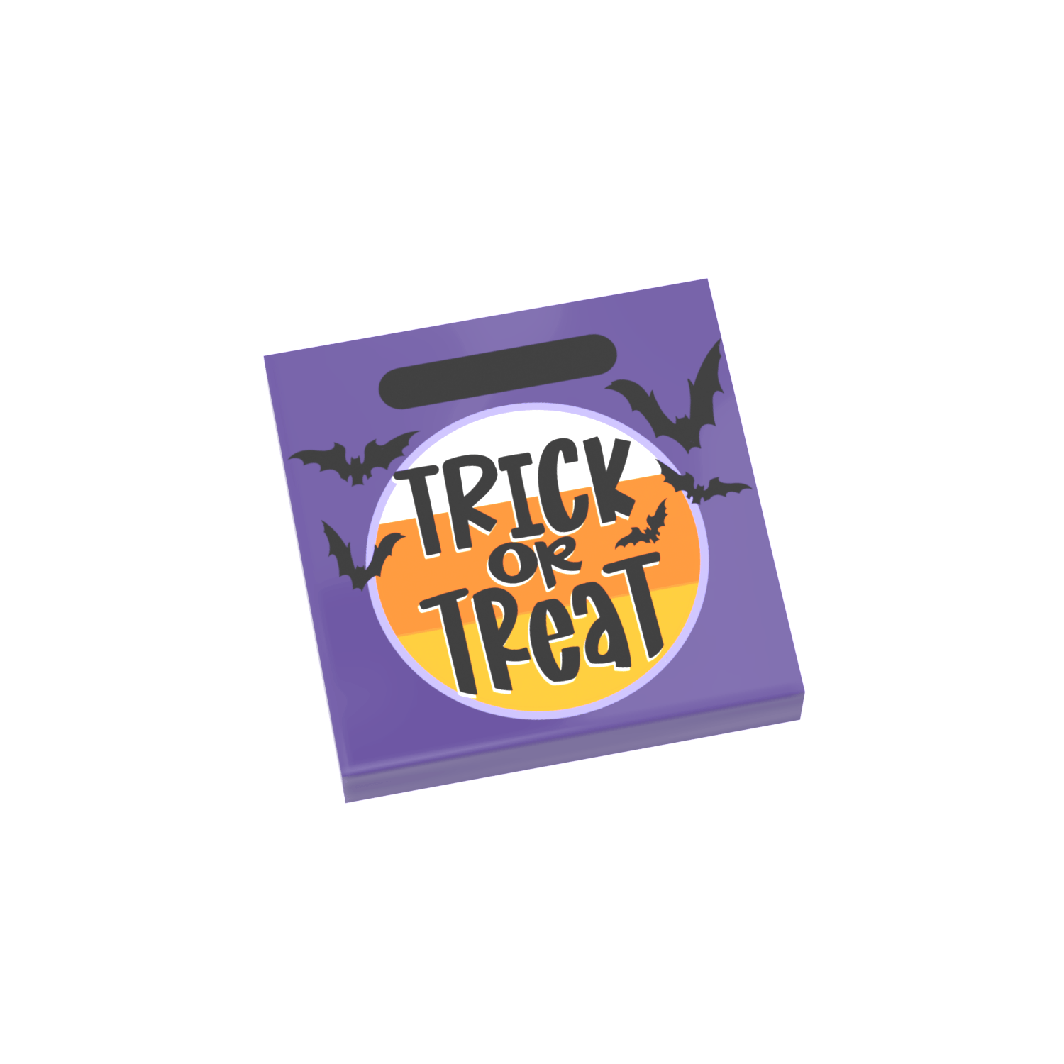 Trick of Treat purple bag with candy corn colors and bats printed on a purple LEGO tile on a white background