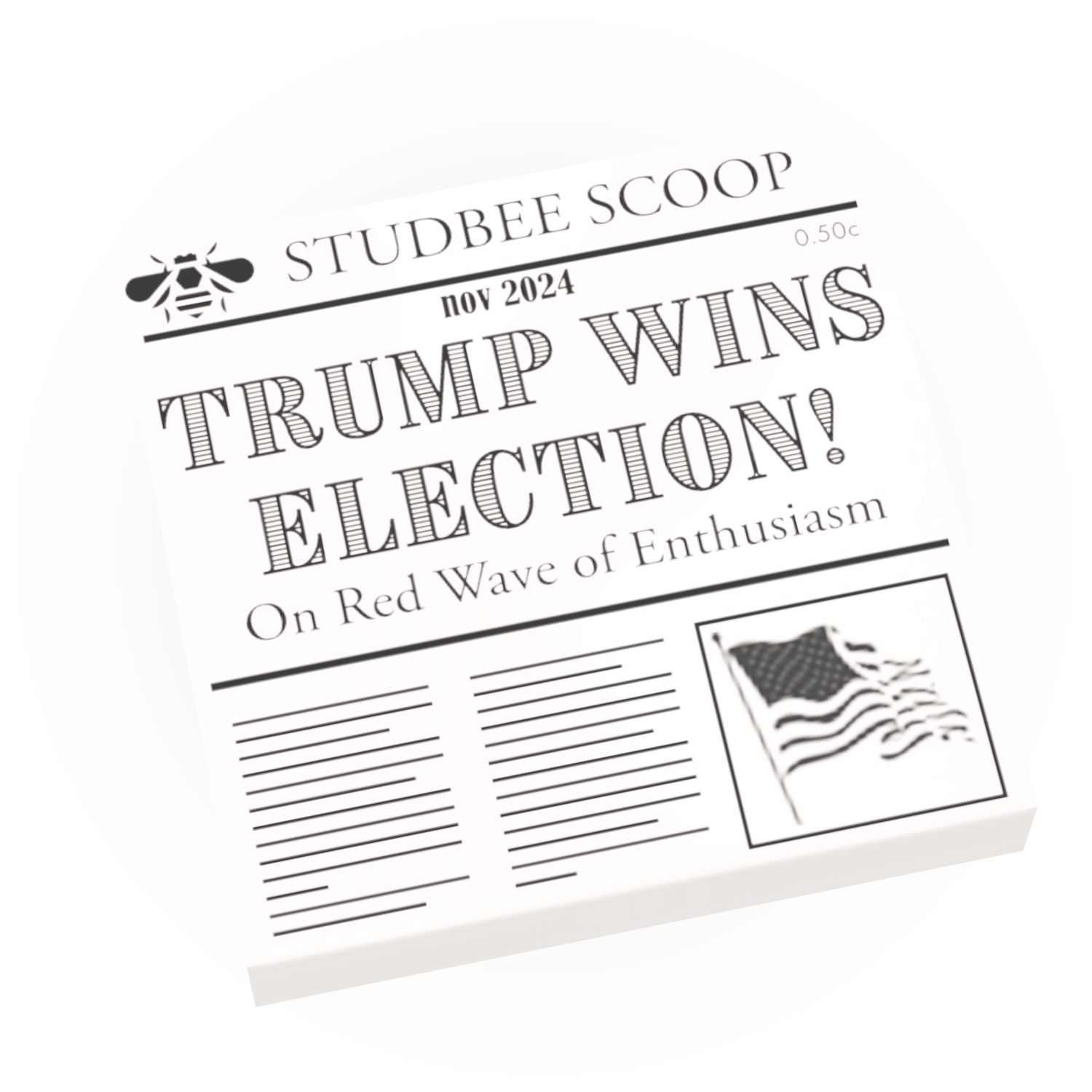 Newspaper with 'TRUMP WINS ELECTION!' headline on a white background