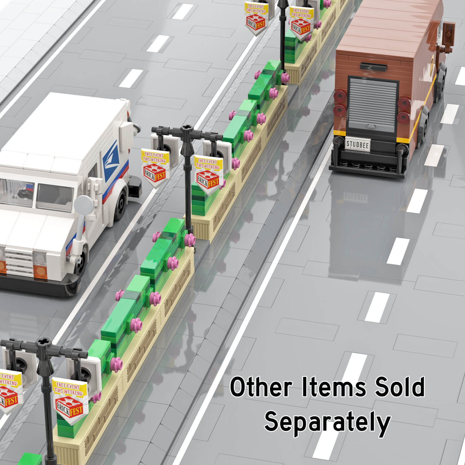 A top-down view of a 2 way LEGO city street scene with 4 custom LEGO sets, a IPS truck, a USPS Truck, hedge planters and festival flag signs.