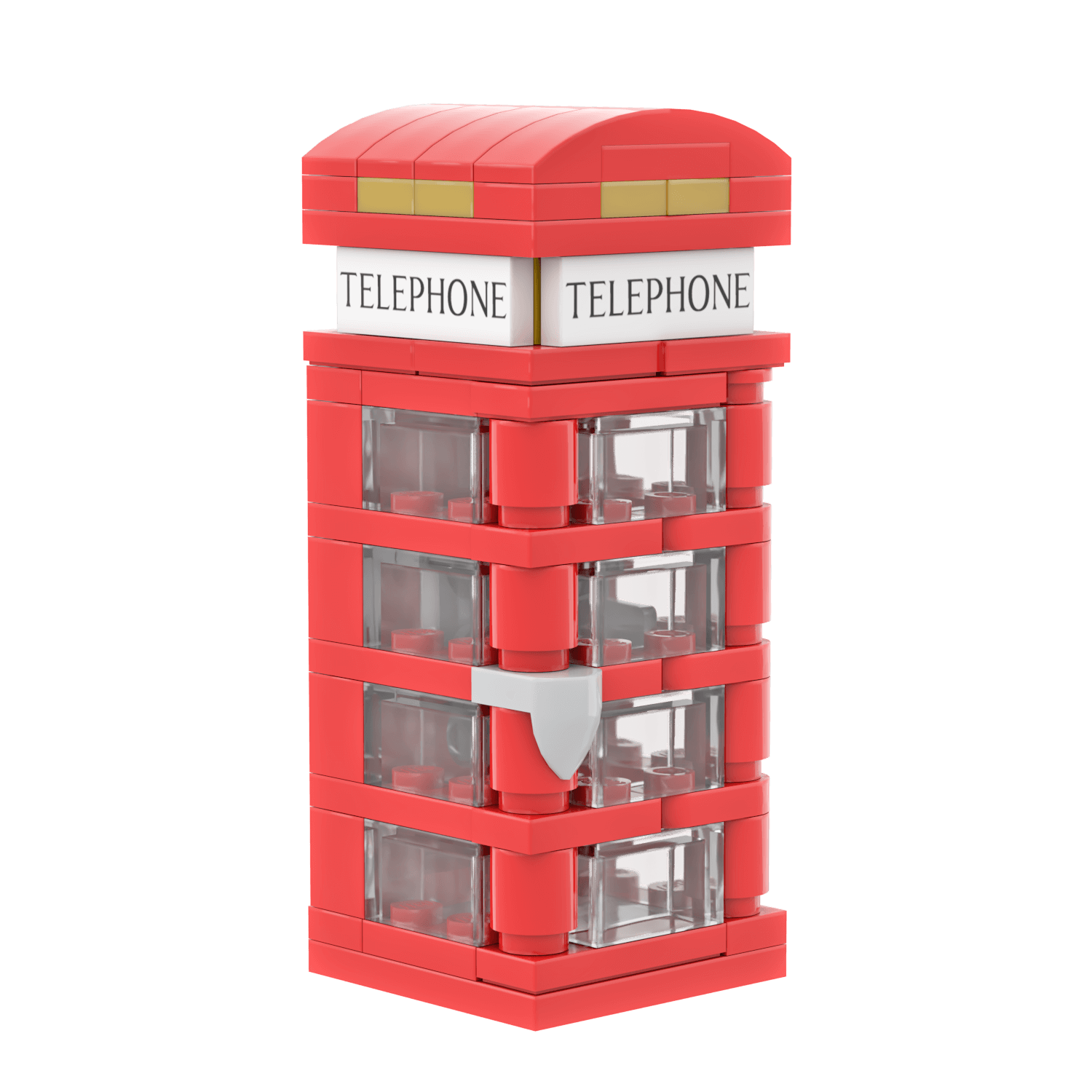 Red UK telephone box model made using LEGO bricks on a white background