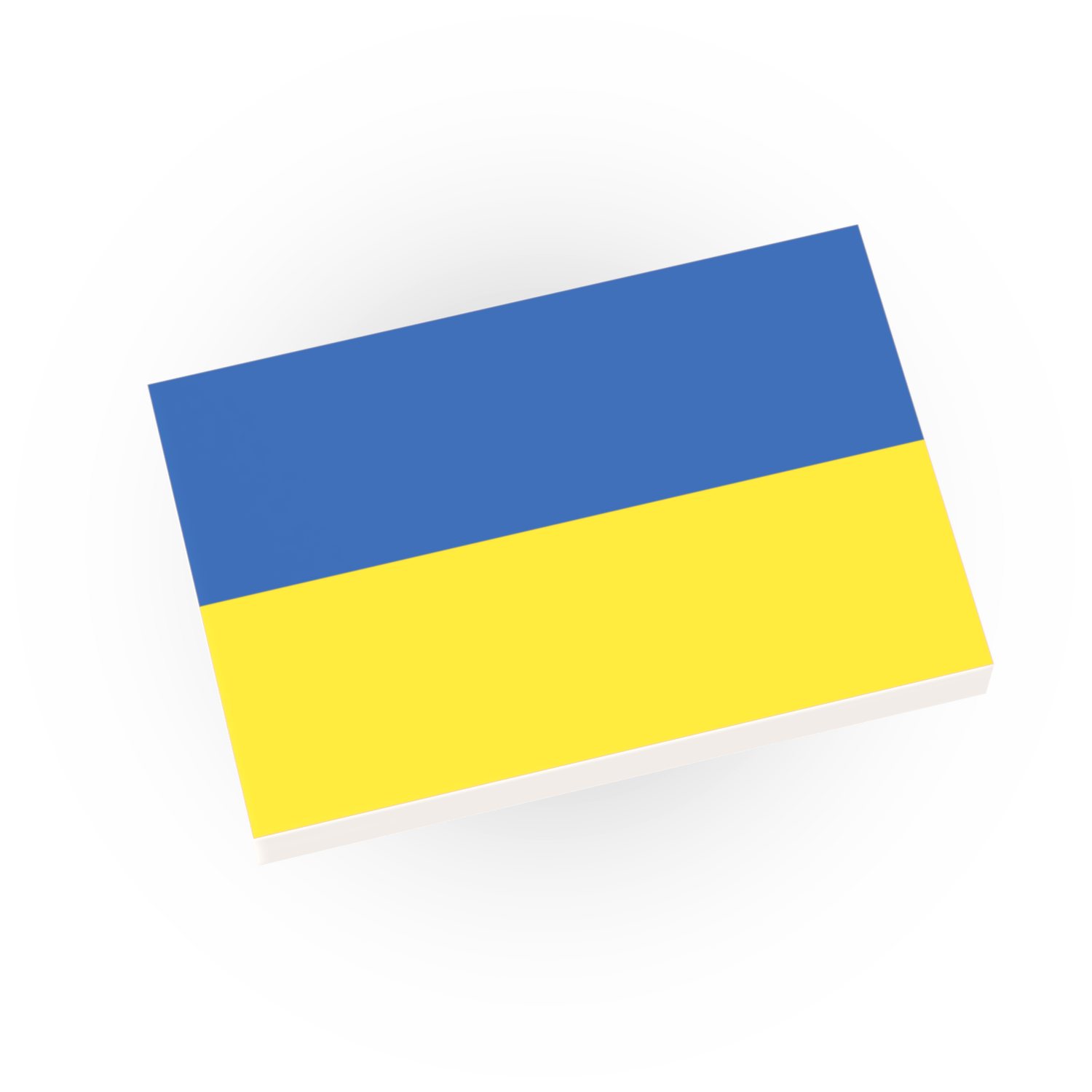 A custom printed Lego tile with the Ukraine country flag on a white background.
