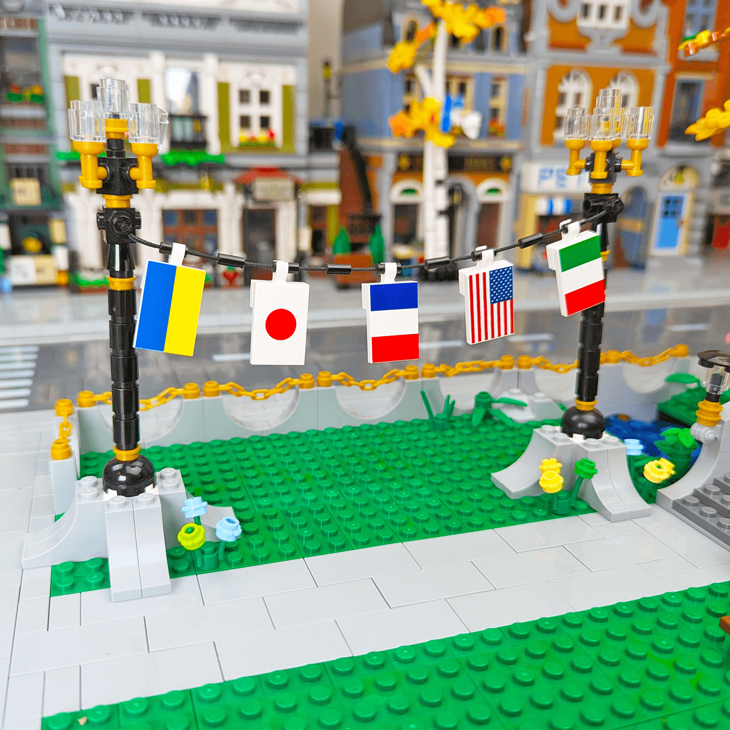 Country Flags Hanging In A LEGO® city town square setting