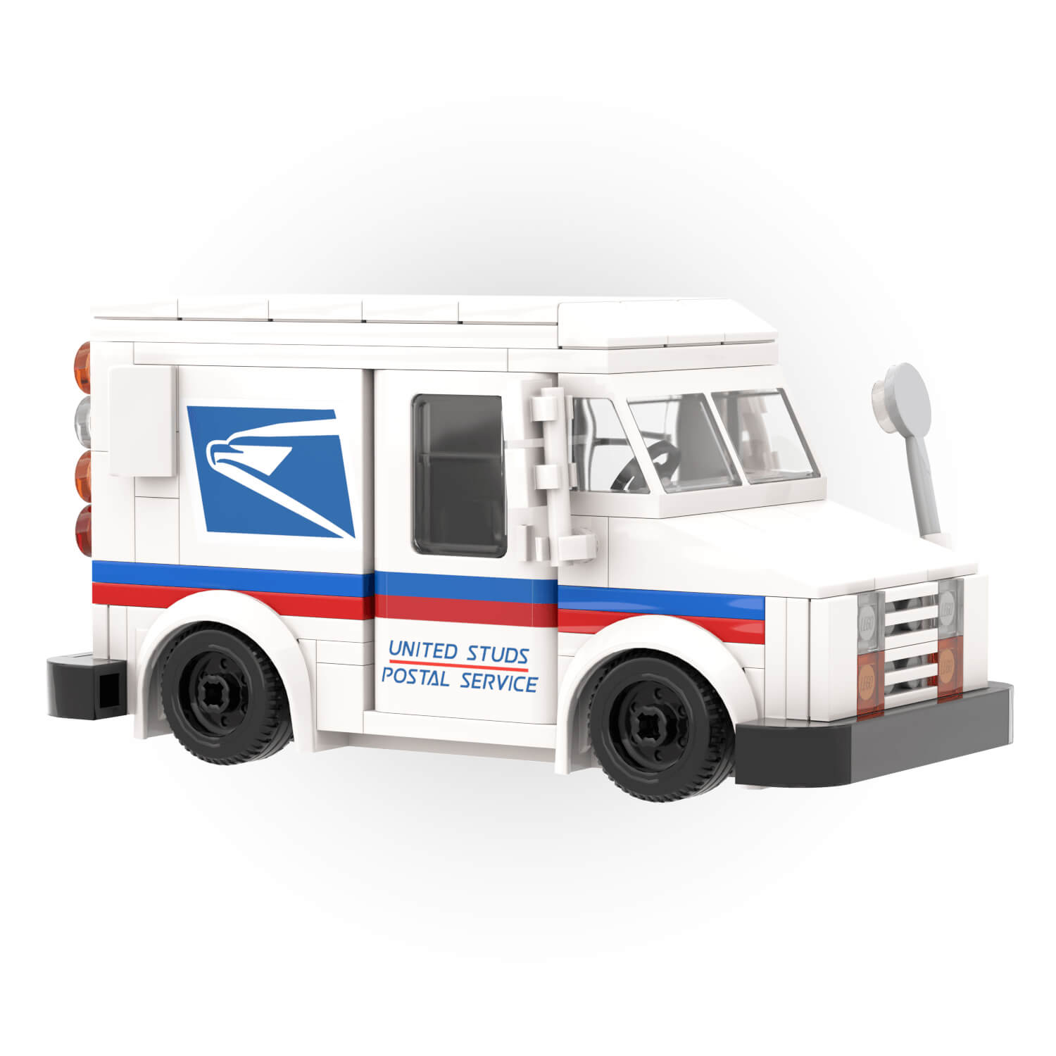 A custom-built United Studs Postal Service Delivery Truck made using LEGO parts, featuring the US Postal Service colors and design.