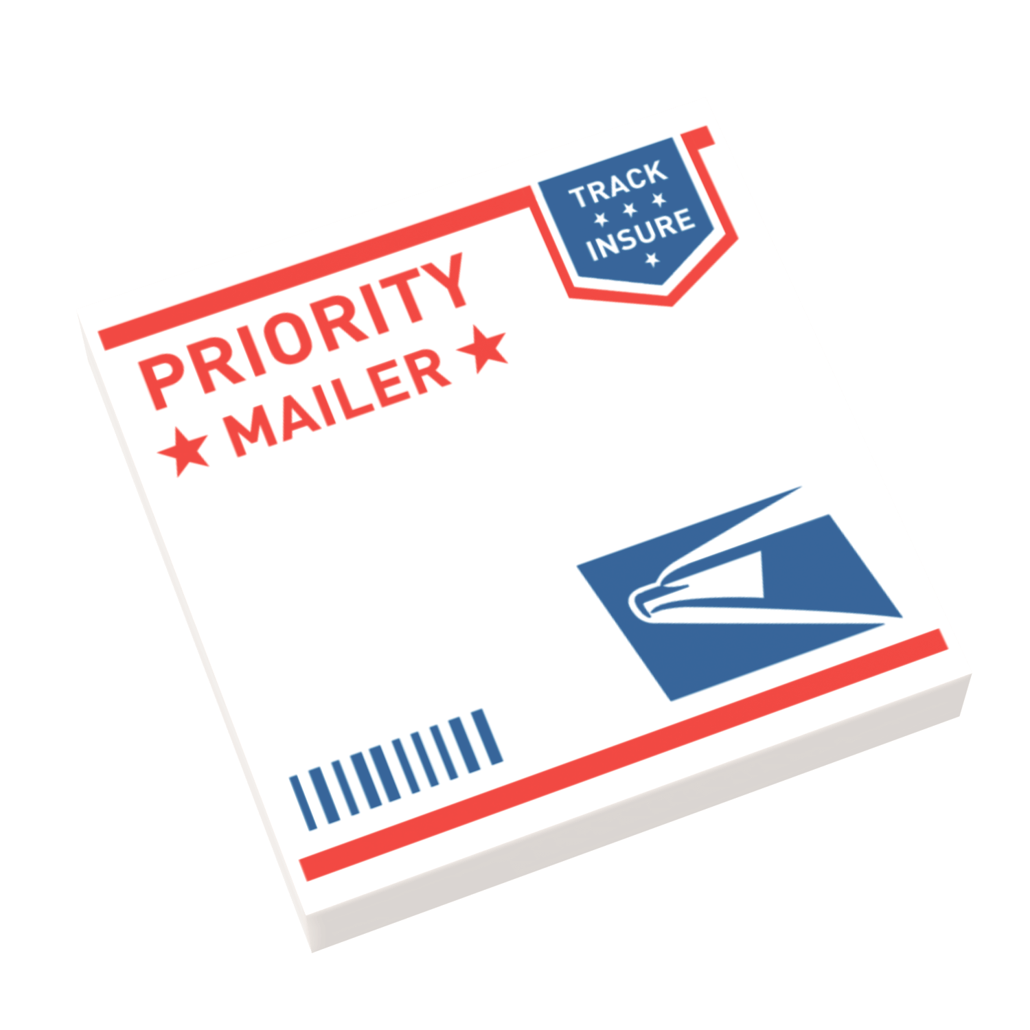 Custom printed on a LEGO tile a United Studs Postal Service envelope with 'PRIORITY MAILER' text and a blue postal stamp design on a white tile.