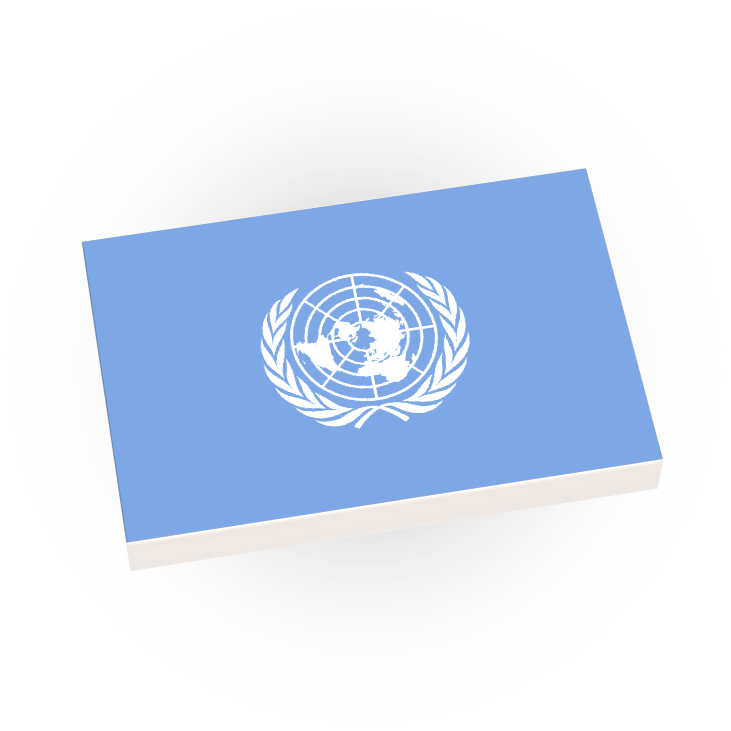 Custom printed white Lego tile with the United Nations flag design.