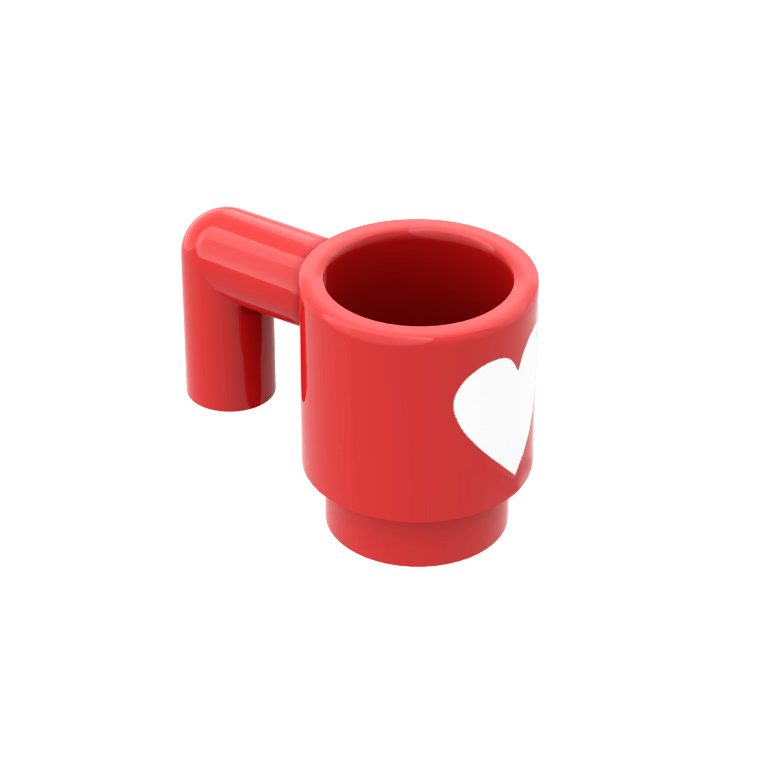Red LEGO cup with a white heart design printed on it on a white background