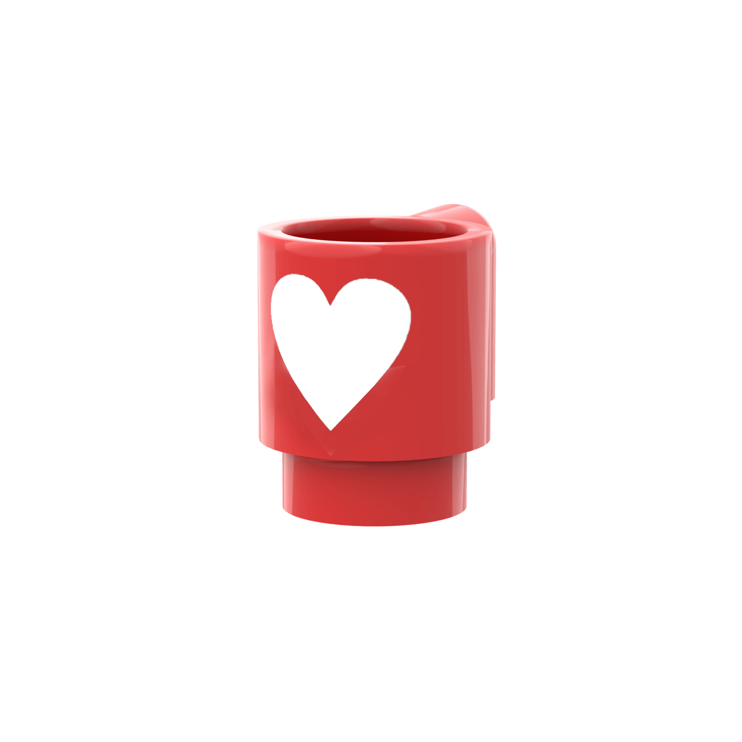 Red LEGO cup with a white heart printed on it on a white background