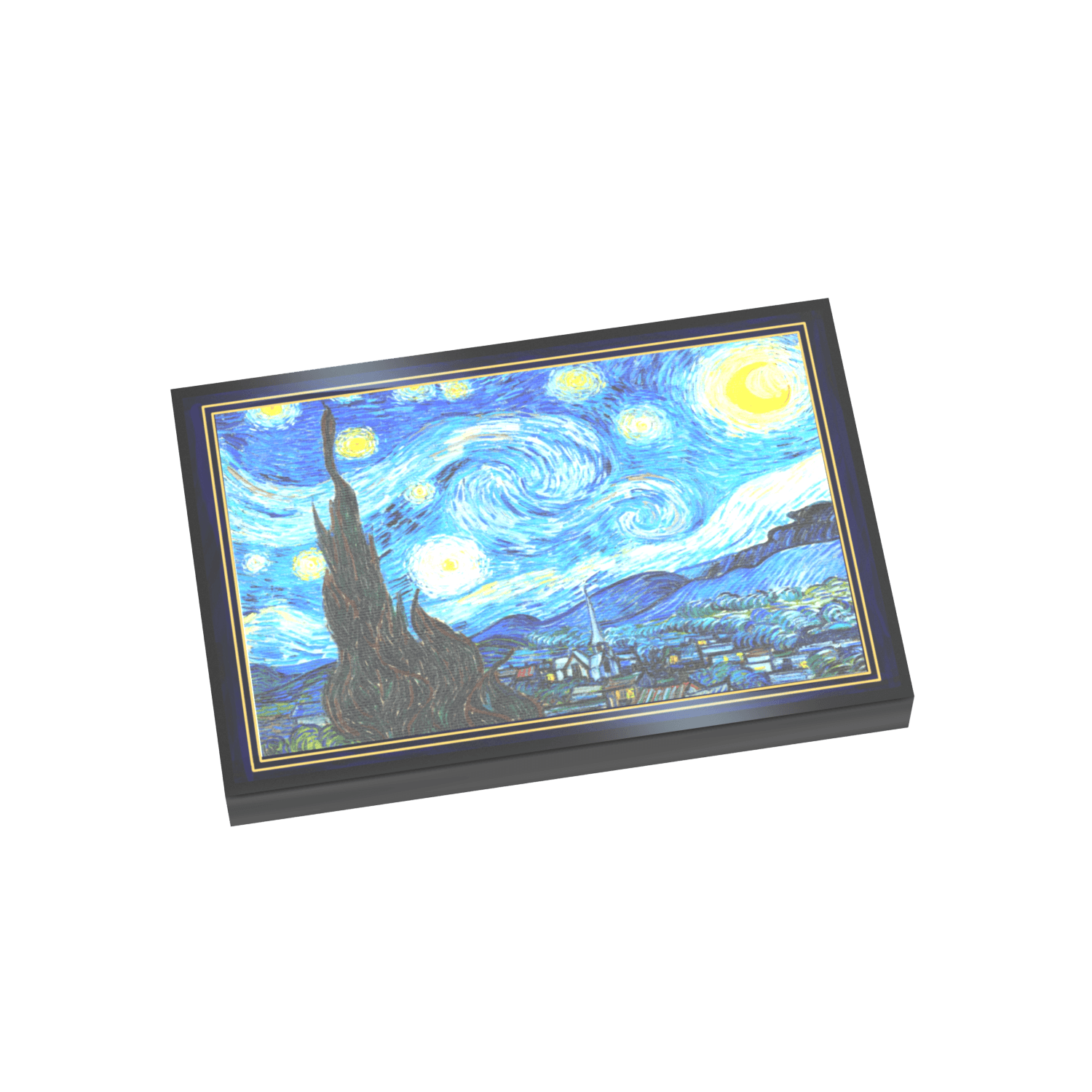 Van Goghs Starry Night Artwork printed on a black LEGO tile on a white background.