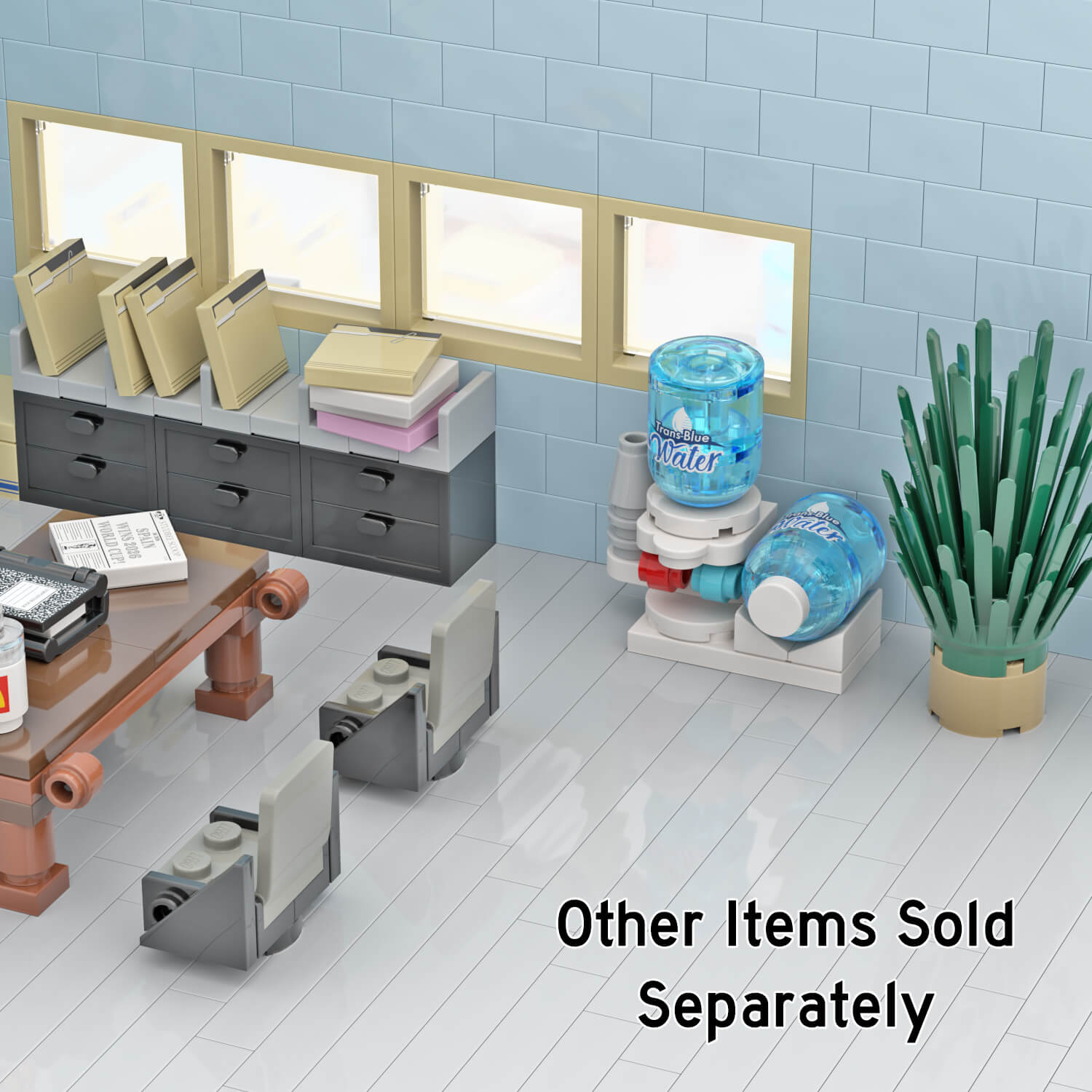 Water Cooler Building Set, in a LEGO brick built office scene with file cabinets, plant office desk and chairs with blue walls and grey floor.
