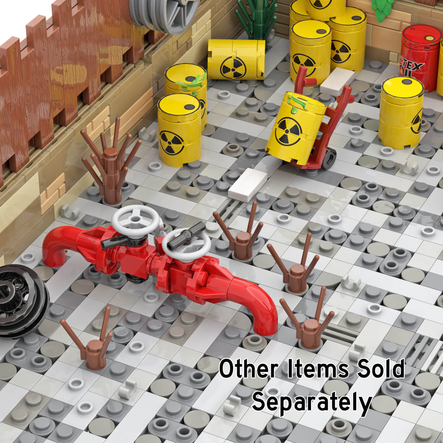 A LEGO industrial scenes, featuring a large red custom watermain LEGO set in the foreground, several yellow barrels with radiation symbols, a red cart, and a gray tiled floor. 