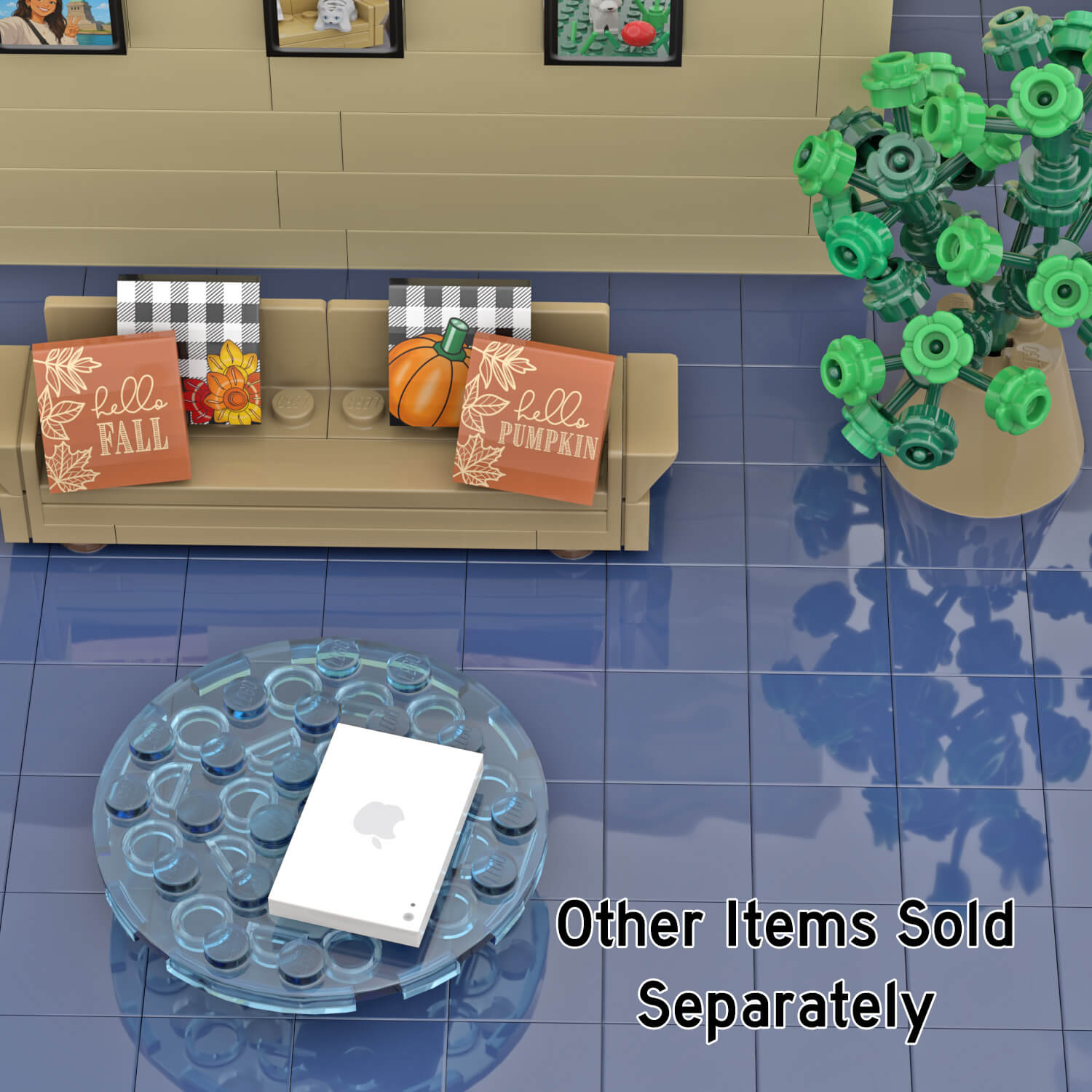 White Apple ipad on a glass coffee table in a LEGO brick built living room with tan couch and pillows and blue carpet.