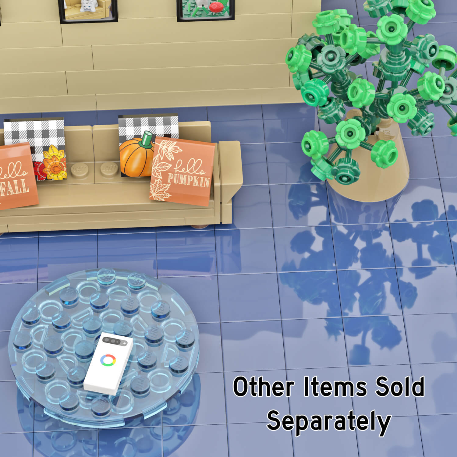 White Android Cell Phone on a glass coffee table in a LEGO brick built living room with tan couch and pillows and blue carpet.
