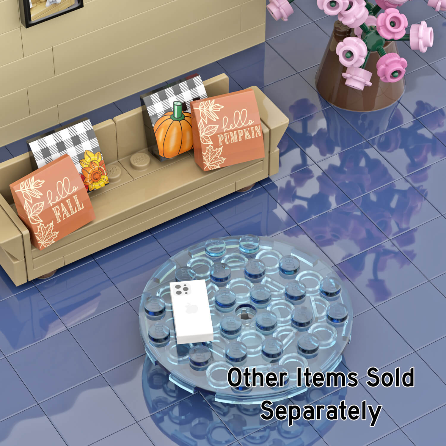 White Apple Cell Phone on a glass coffee table in a LEGO brick built living room with tan couch and pillows and blue carpet.