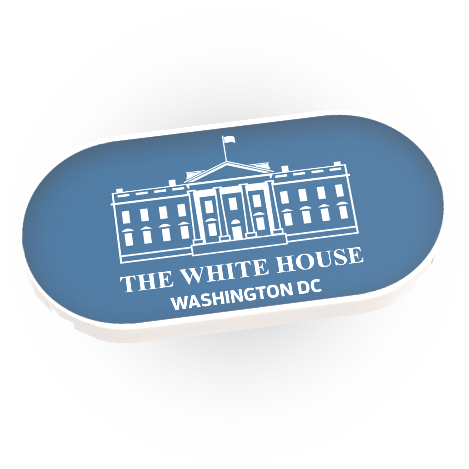 Oval White House Sign with a blue and white house graphic and text on a white LEGO tile and white background.