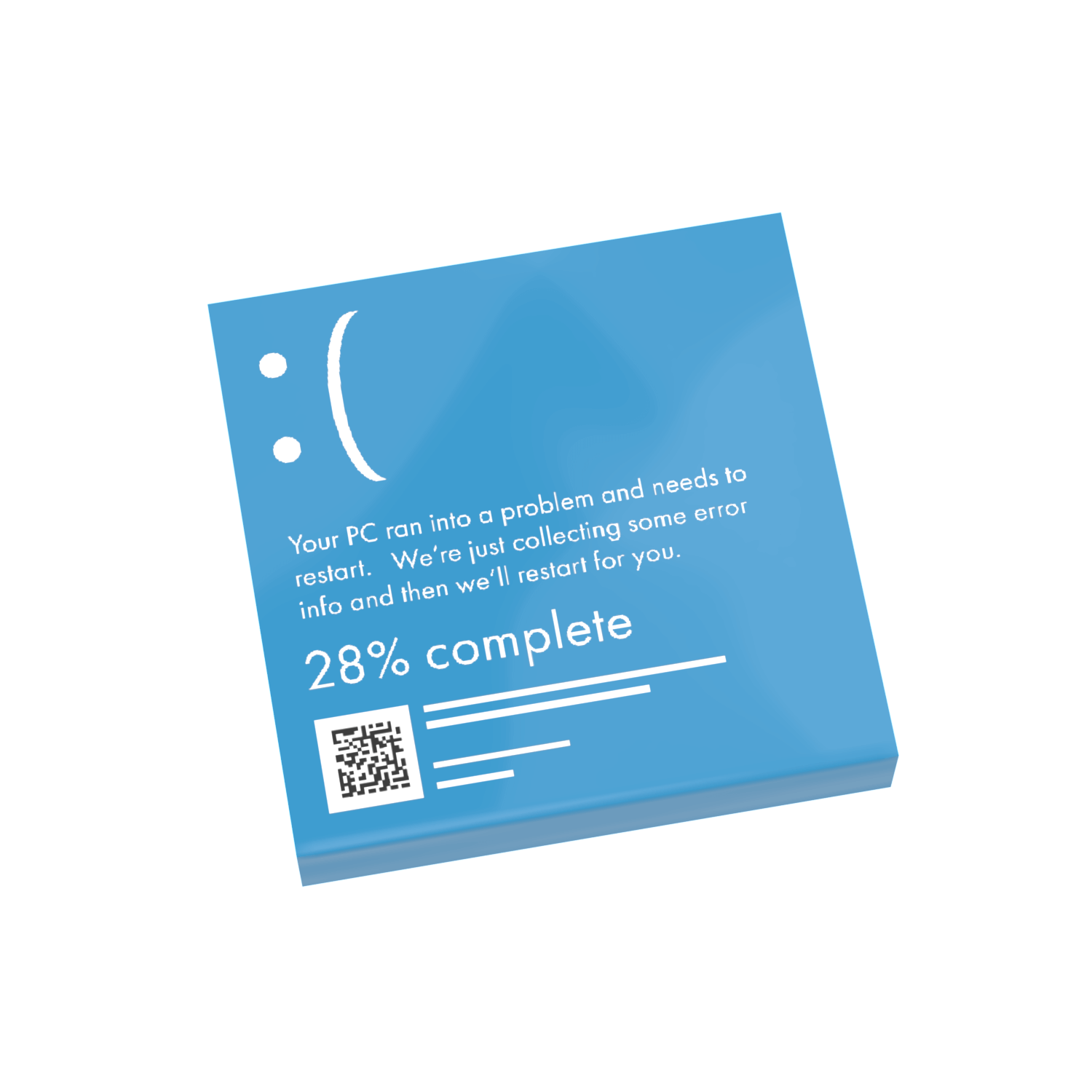 A custom printed Lego piece with a graphic resembling a blue screen of death error message on a Windows PC.