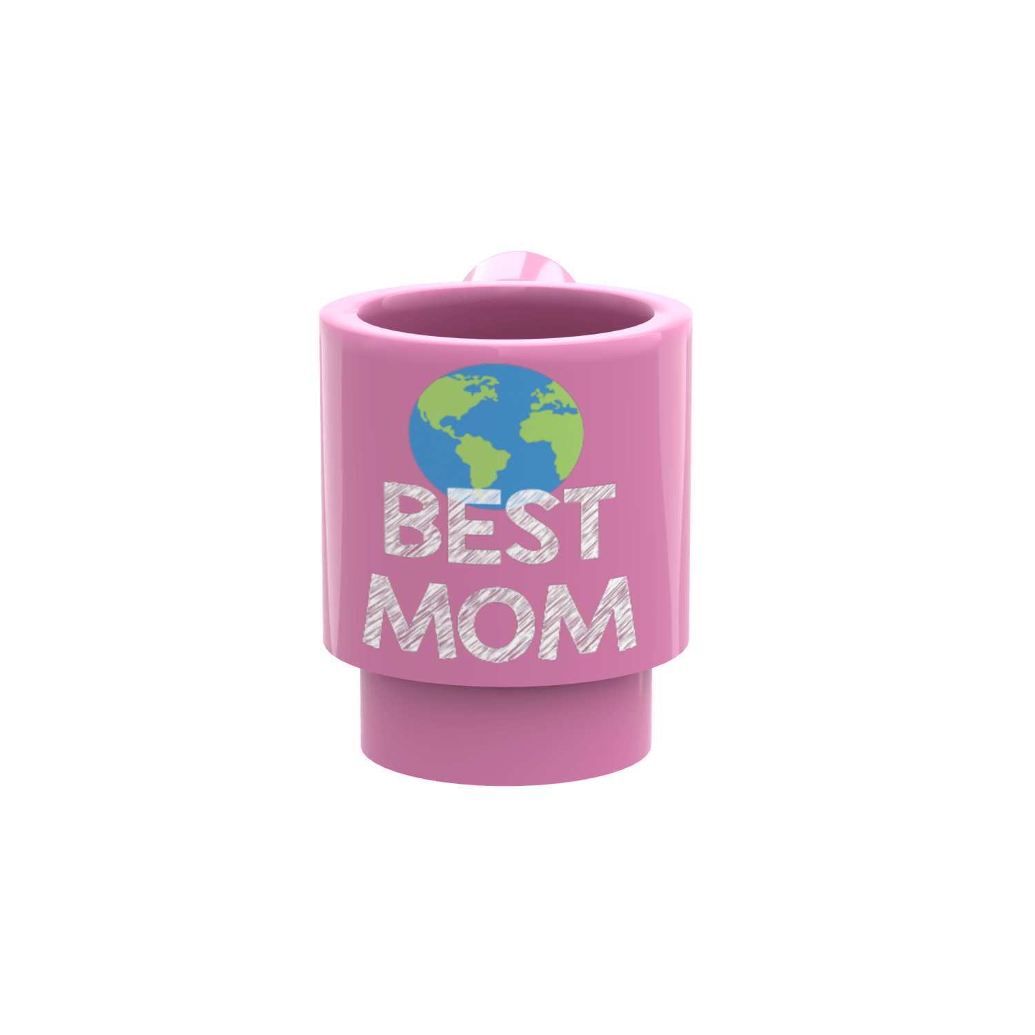 Dark pink LEGO cup with a drawing of earth and text that read "BEST MOM" custom printed on to the mug on a white background.