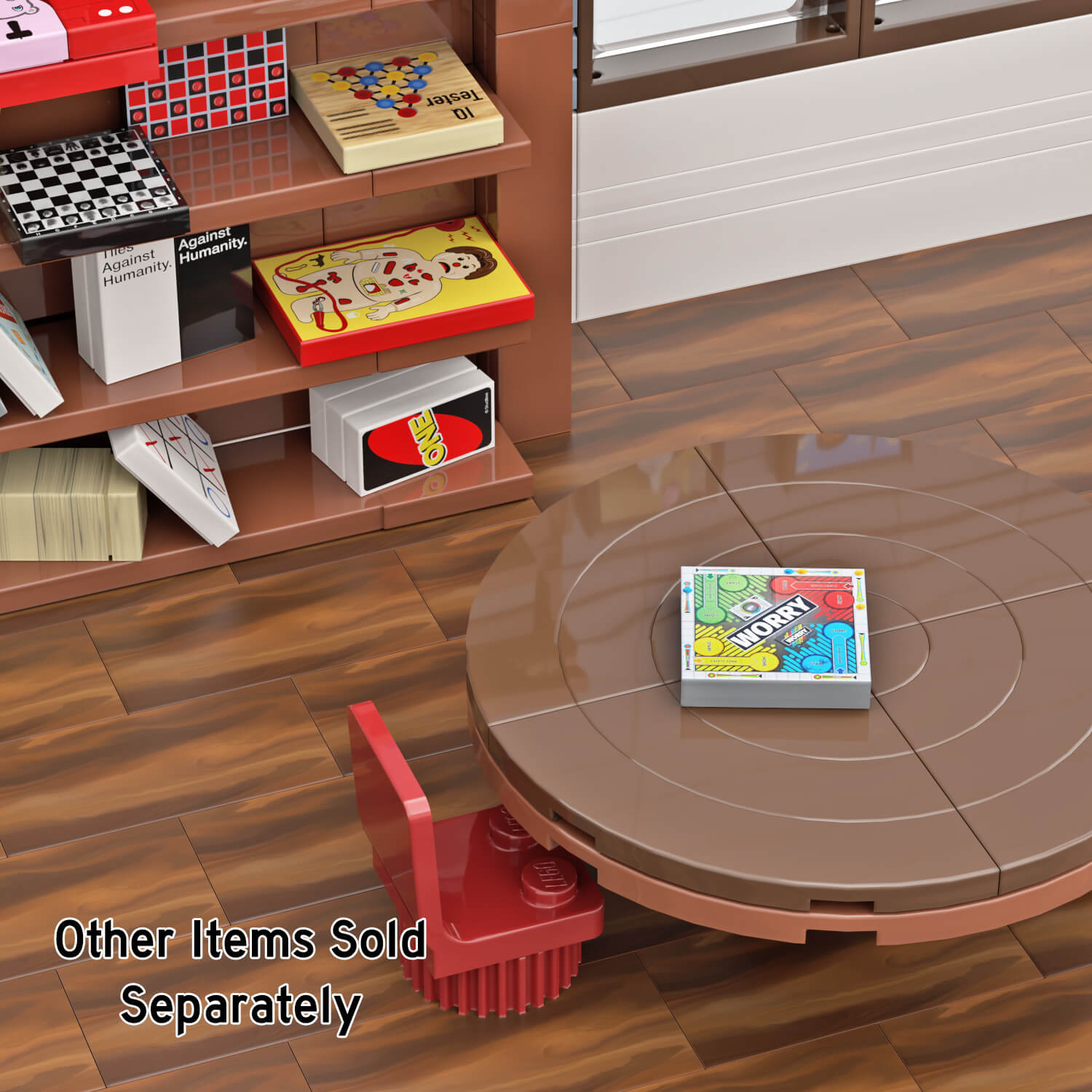 Worry game made using LEGO on a brown round table with other games in the background in a LEGO dinning room setting