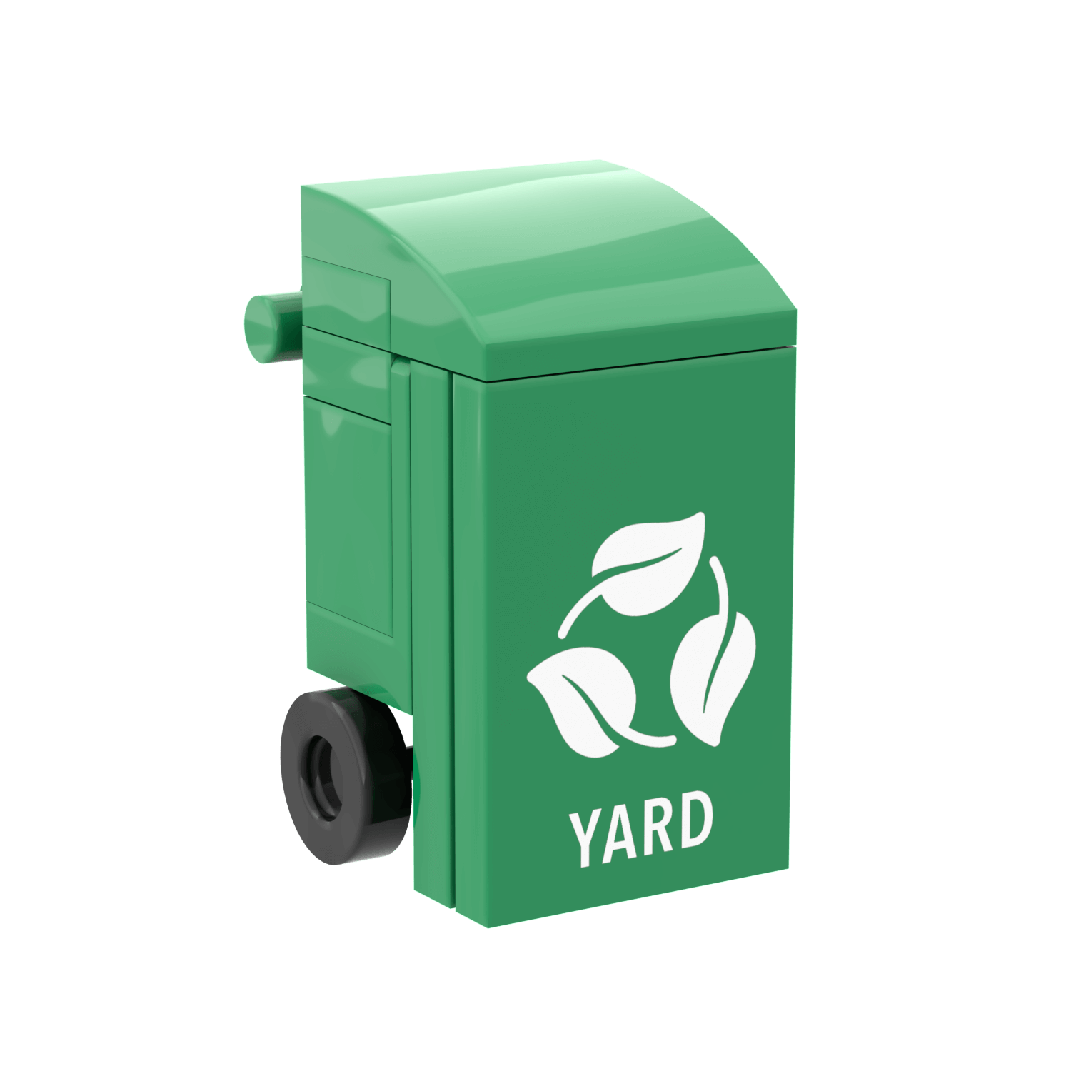 Green yard waste bin with a recycling symbol made from lego parts on a white background