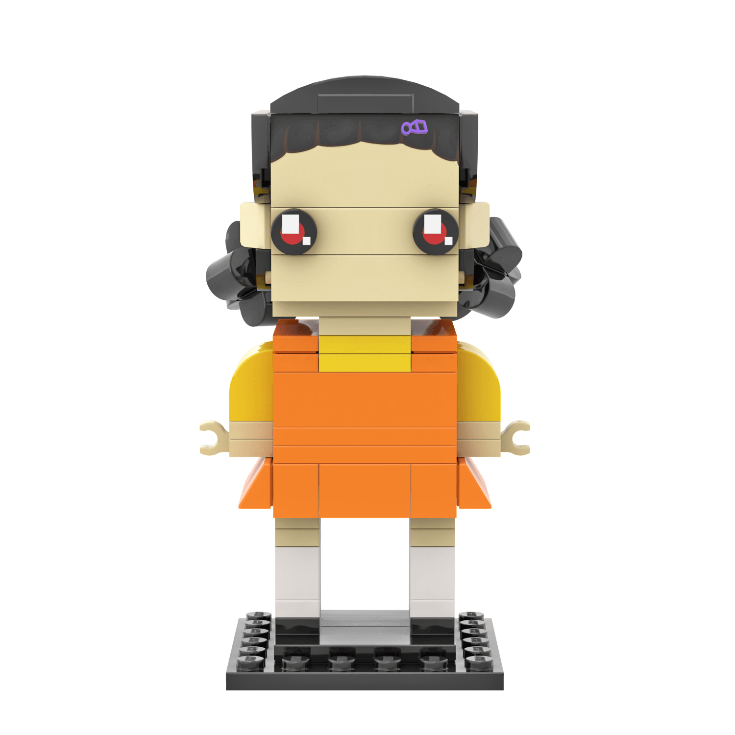 LEGO® BrickHeadz model of a character from the Squid Game series, dressed in an orange school uniform with a purple hair clip.