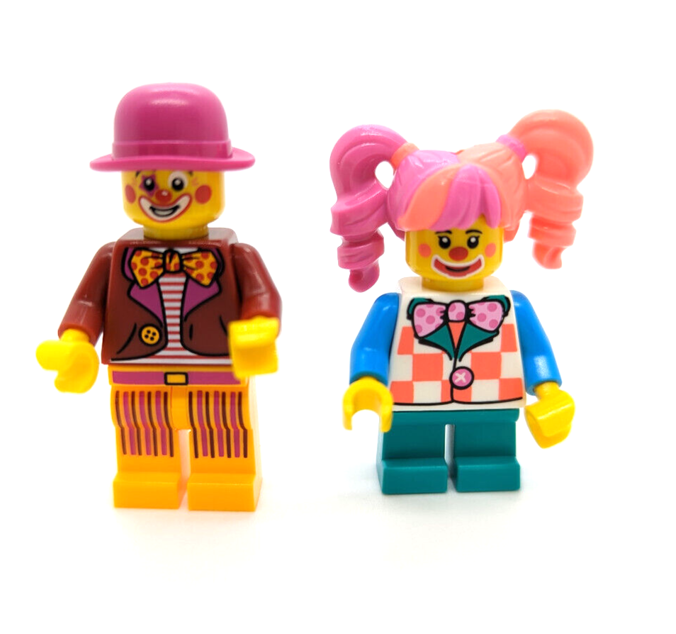 (2) New Lego BAM Minifigs - Birthday Clown w/ Balloon Dog & Girl Clown (hol297)