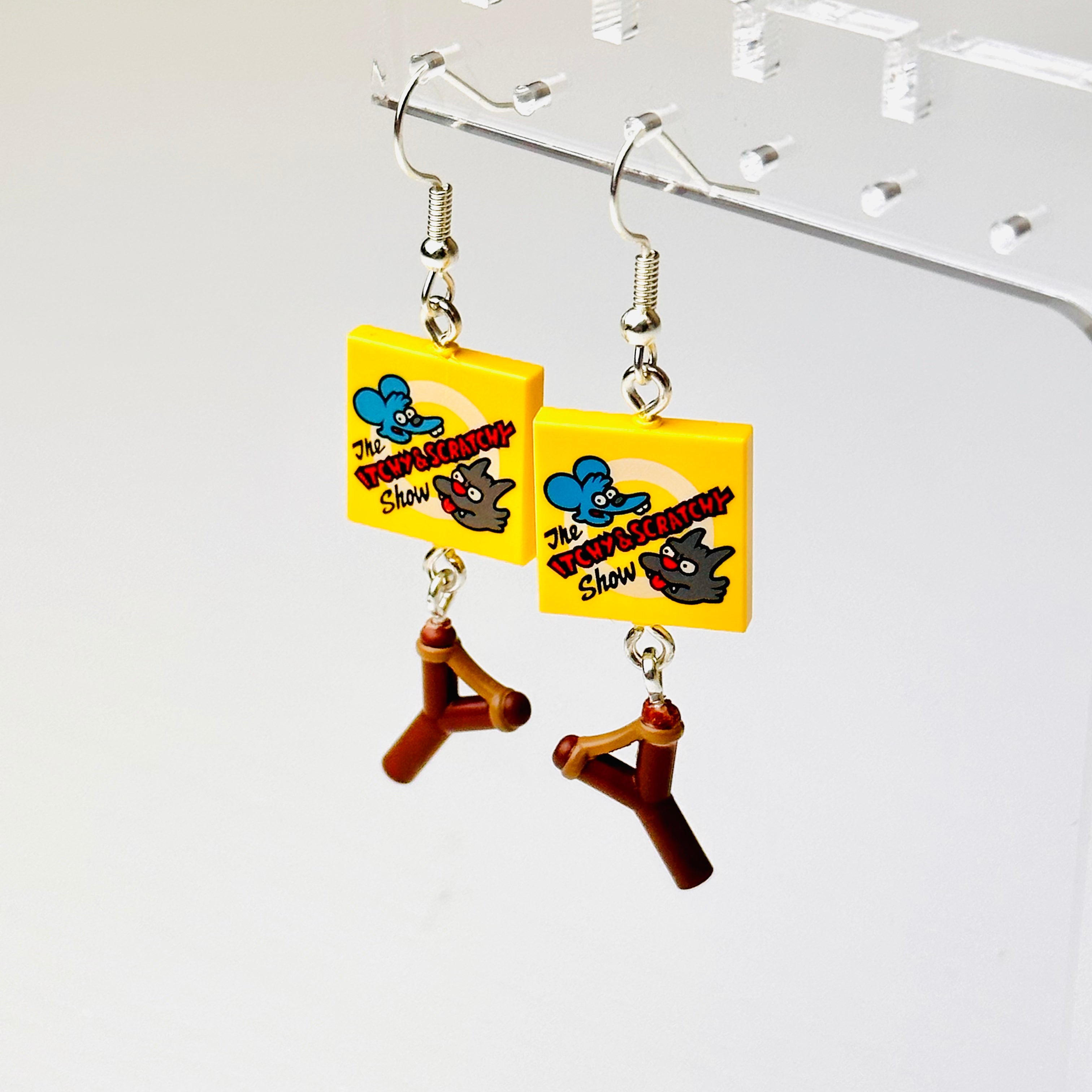StudBee - Bart Simpson Inspired Earrings, Itchy & Scratchy Cartoon Slingshot 90's Retro Jewelry, Handmade with Lego® - StudBee