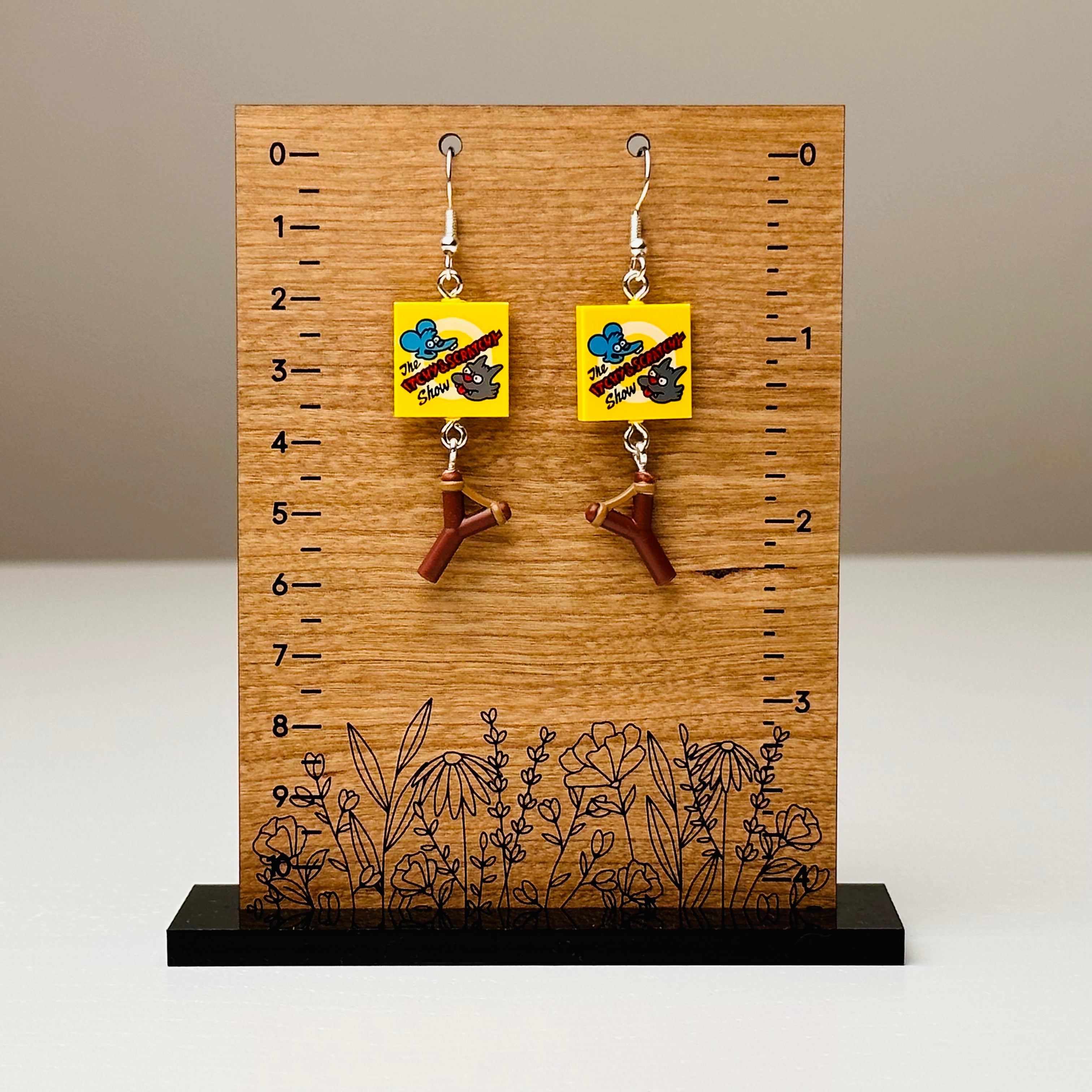StudBee - Bart Simpson Inspired Earrings, Itchy & Scratchy Cartoon Slingshot 90's Retro Jewelry, Handmade with Lego® - StudBee