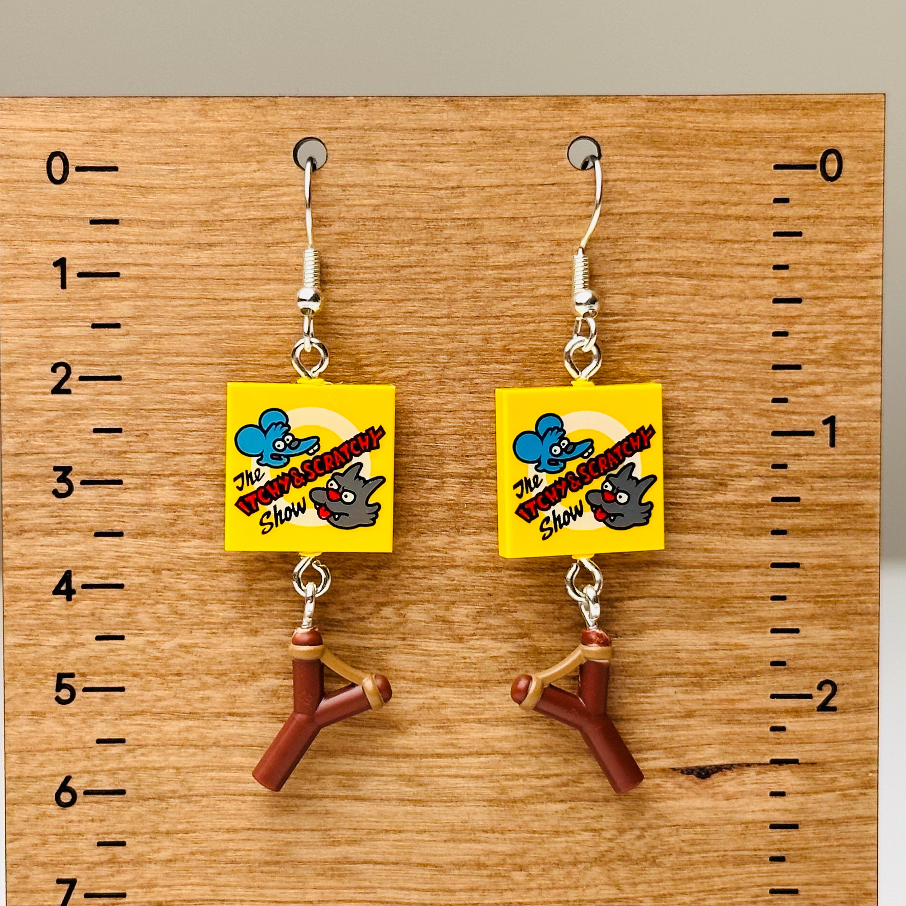 StudBee - Bart Simpson Inspired Earrings, Itchy & Scratchy Cartoon Slingshot 90's Retro Jewelry, Handmade with Lego® - StudBee