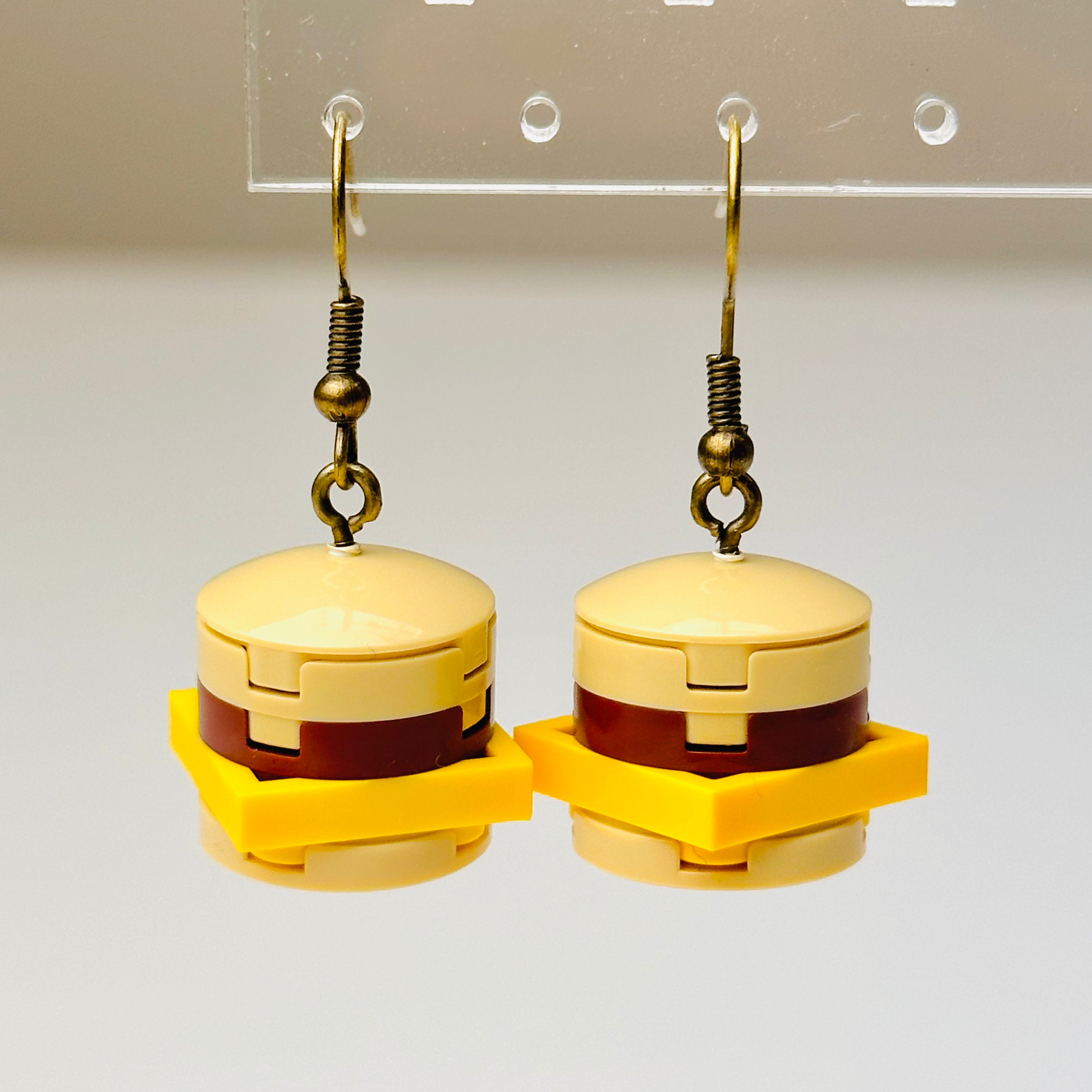 StudBee - Cheesy Cheeseburger Brick Built Funny Food Earrings, Handmade with Lego® - StudBee