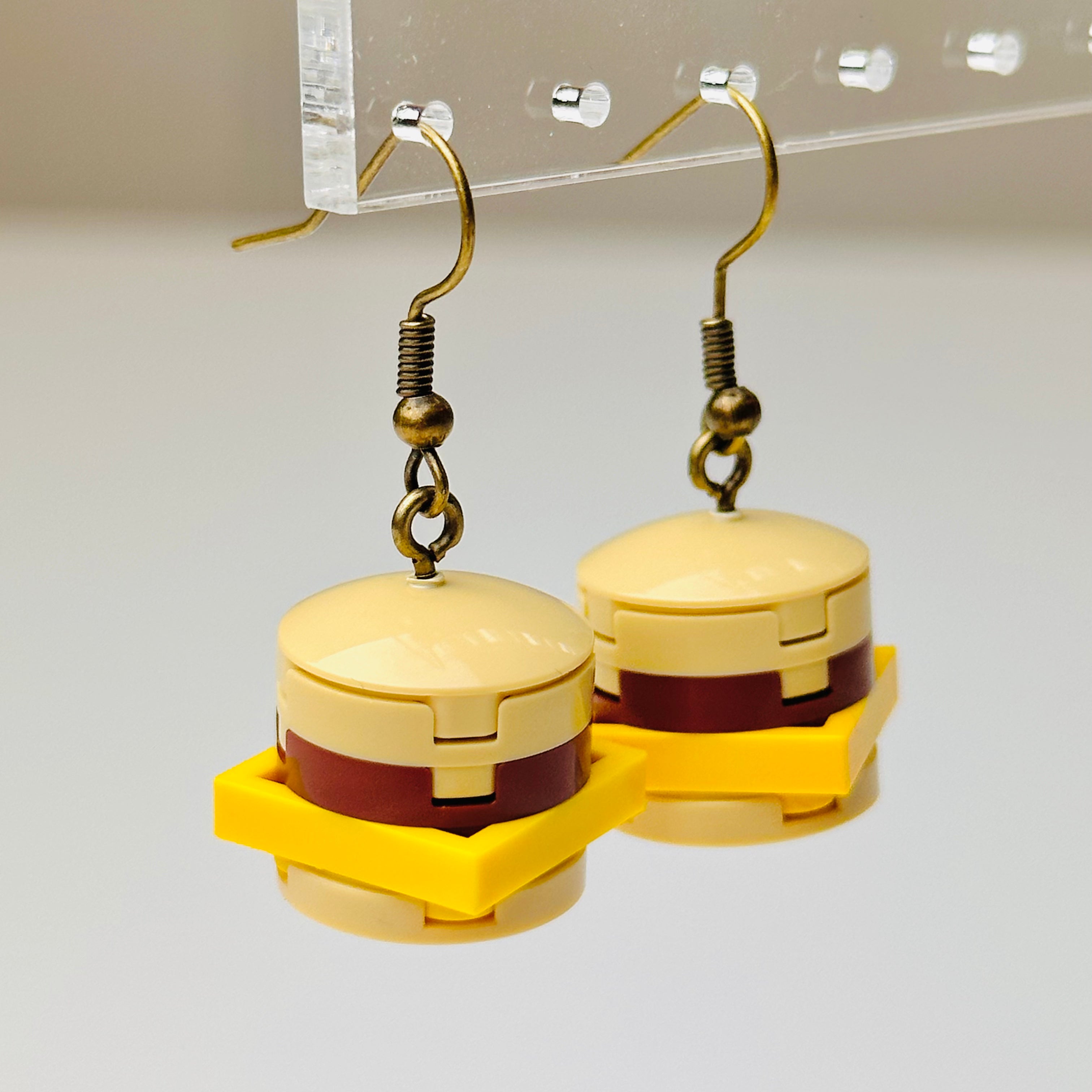 StudBee - Cheesy Cheeseburger Brick Built Funny Food Earrings, Handmade with Lego®