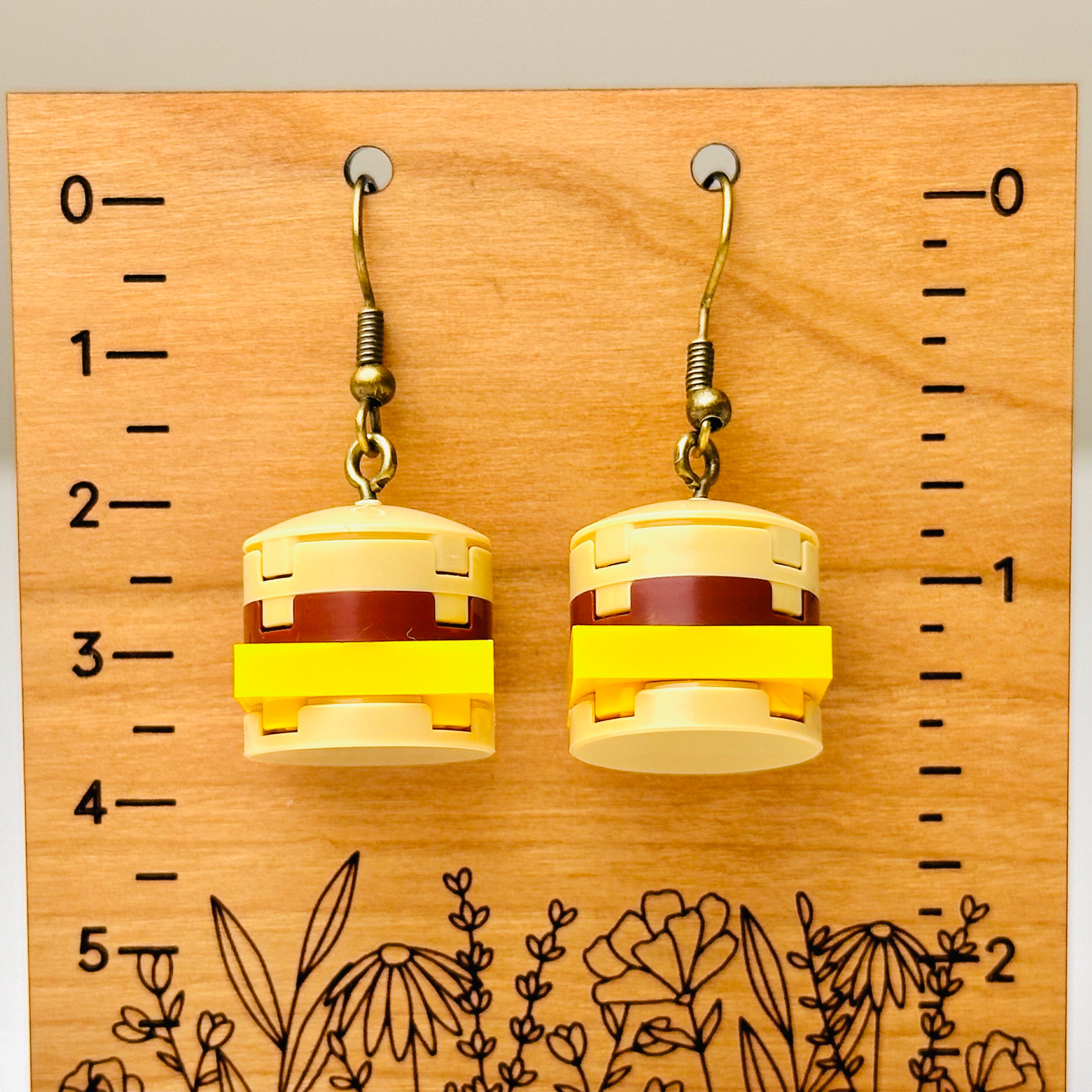 StudBee - Cheesy Cheeseburger Brick Built Funny Food Earrings, Handmade with Lego® - StudBee