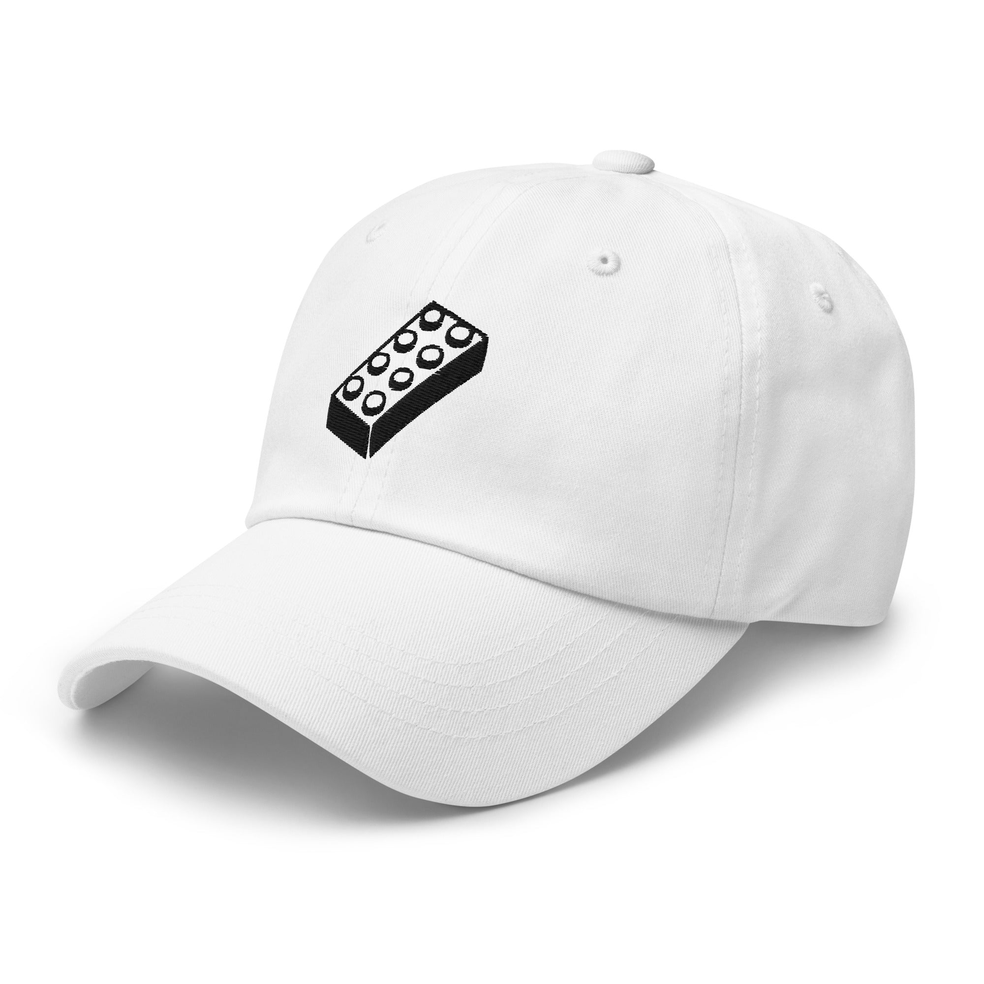 white lego brick dad hat, angled  view