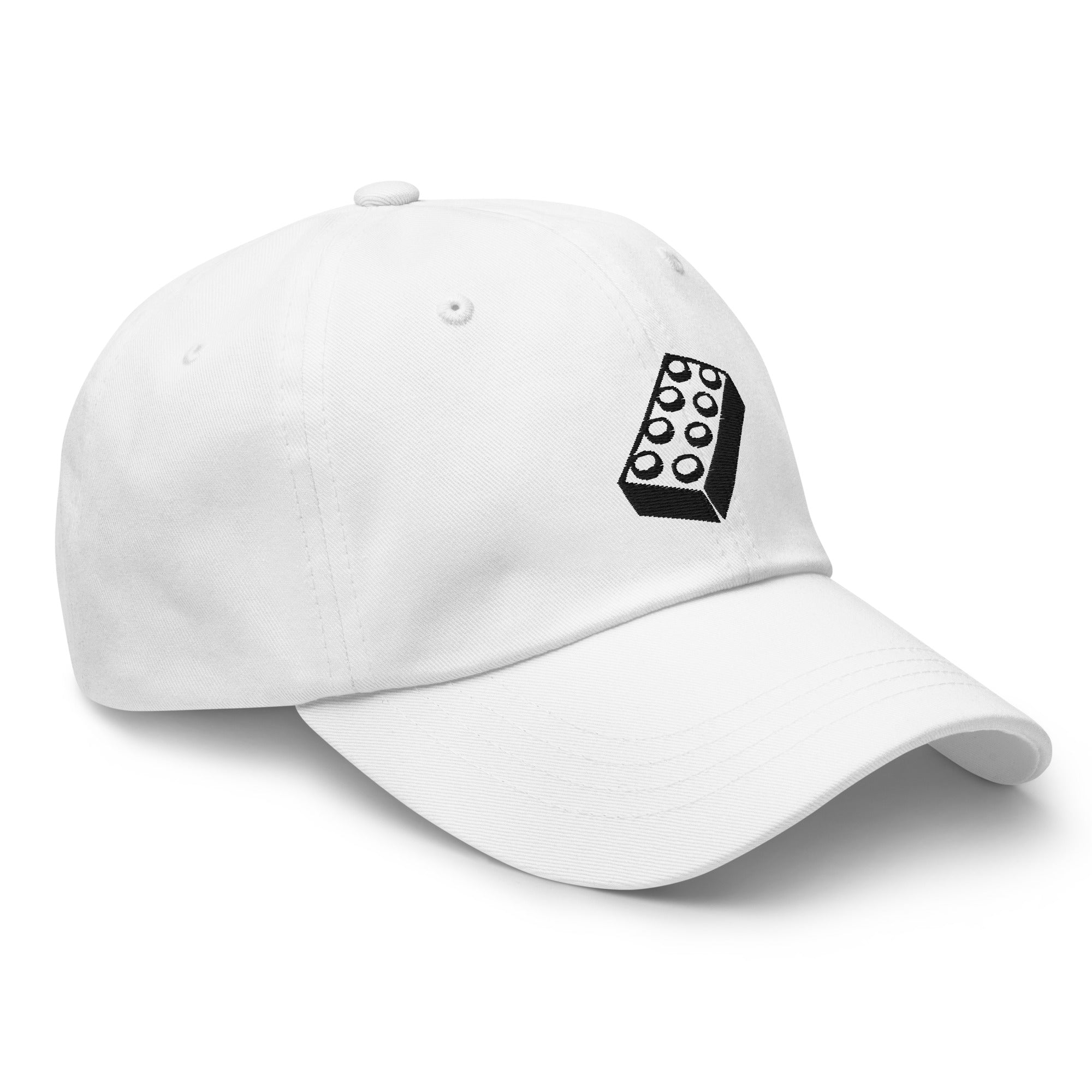 white lego brick dad hat, angled view