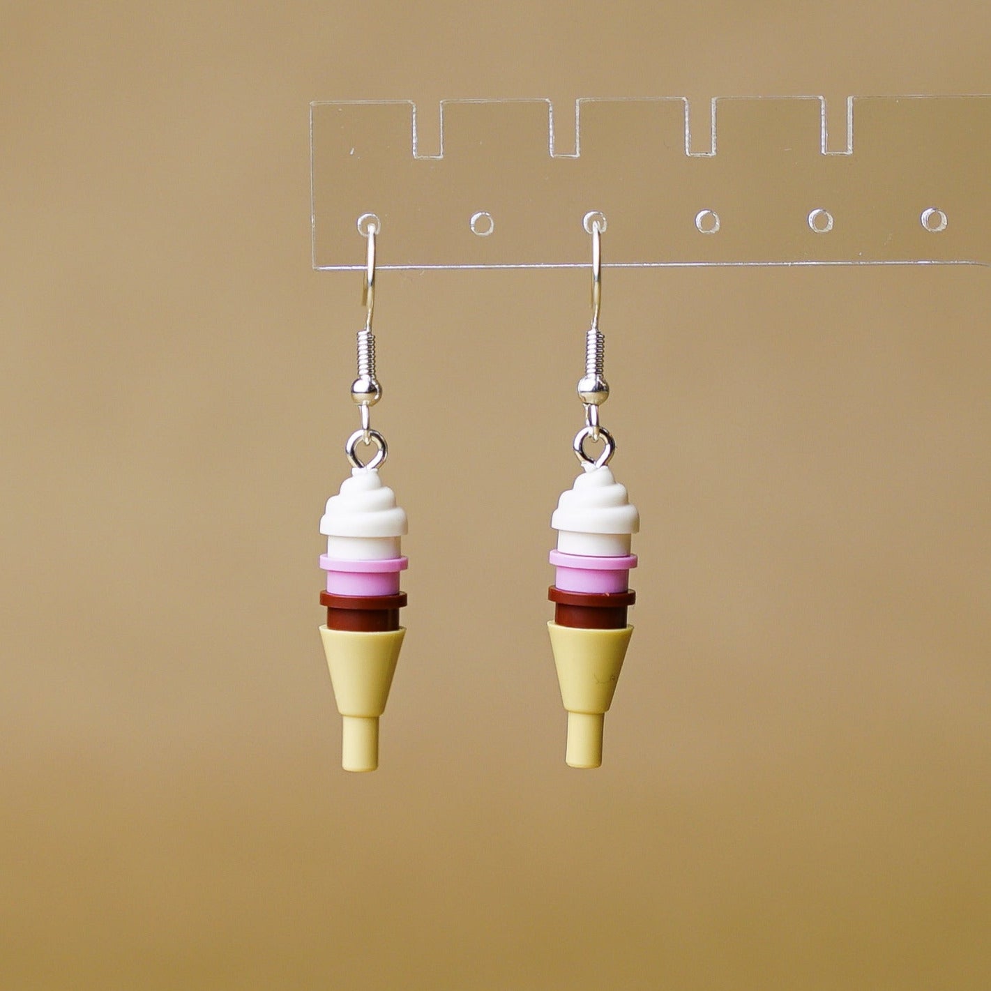 StudBee - Sweet Fun Ice Cream Cone Earrings, Miniature Pink Brown Summer Jewelry, Handmade with Lego® - StudBee