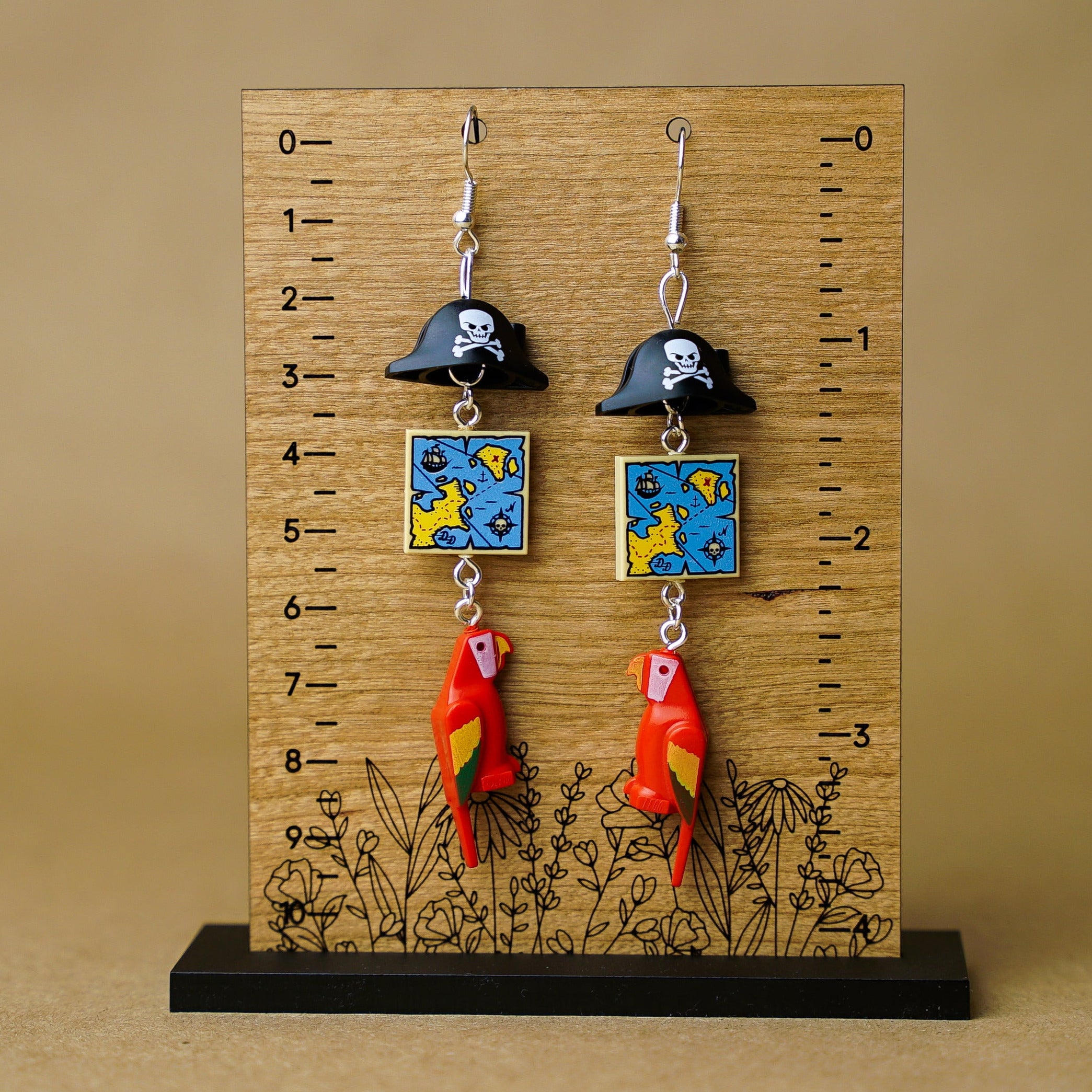 StudBee - Caribbean Pirate Earrings, Miniature Treasure Map Parrot Jewelry, Handmade with Lego®