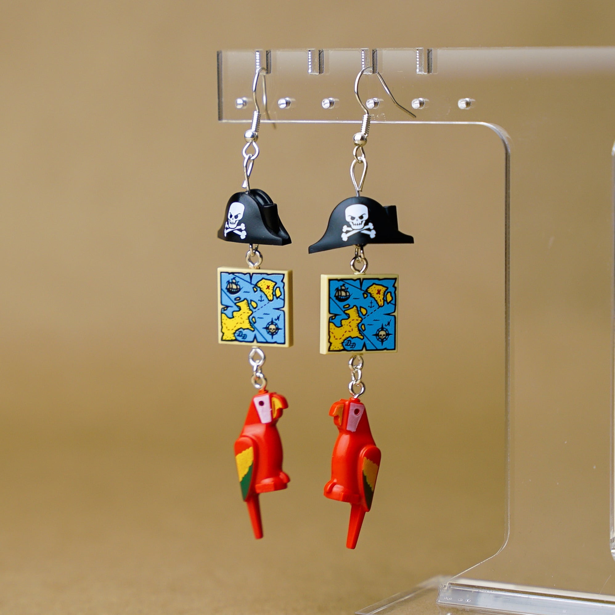 StudBee - Caribbean Pirate Earrings, Miniature Treasure Map Parrot Jewelry, Handmade with Lego® - StudBee