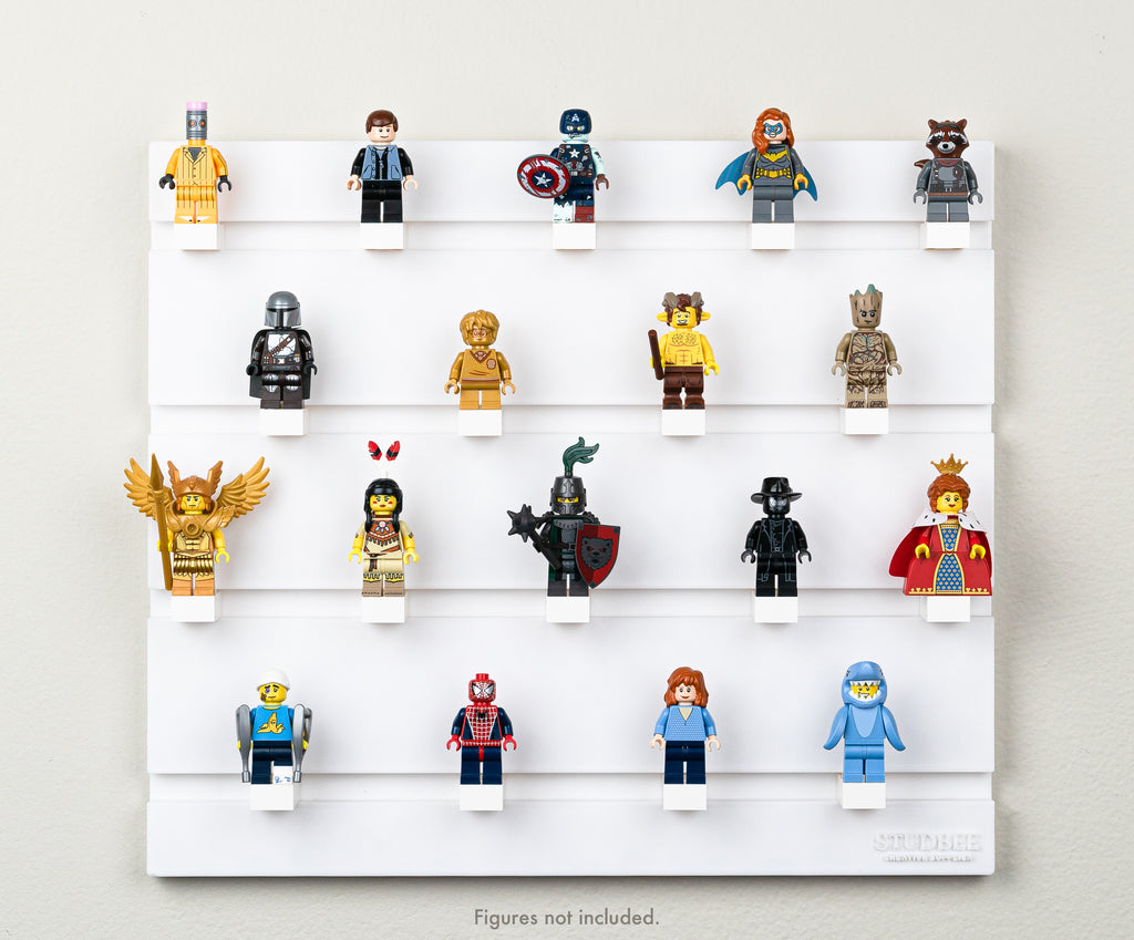 eighteen assorted Lego minifigures displayed in the studbee wall display board.